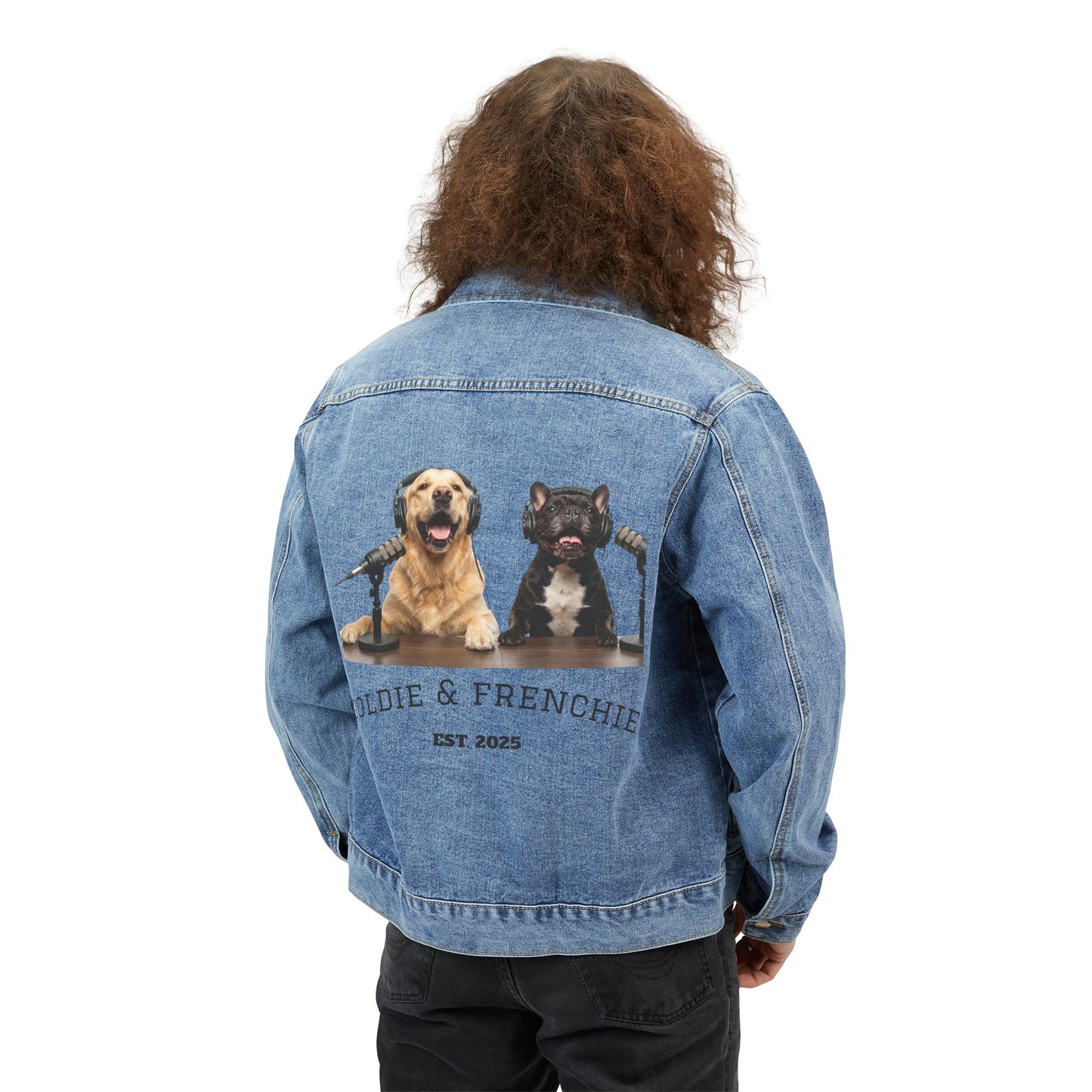 Goldie & Frenchie Denim Jacket — Iconic Back Print of the Podcast Duo