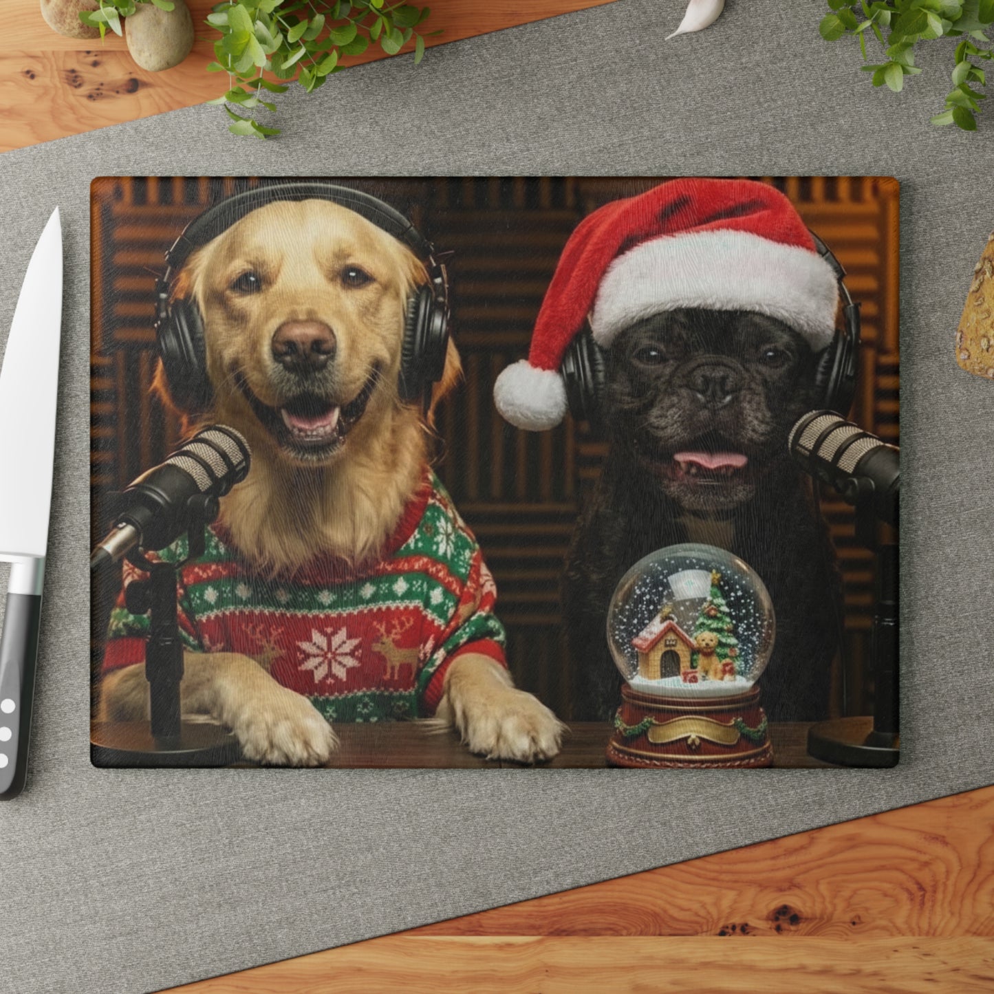 Goldie & Frenchie Christmas Glass Cutting Board