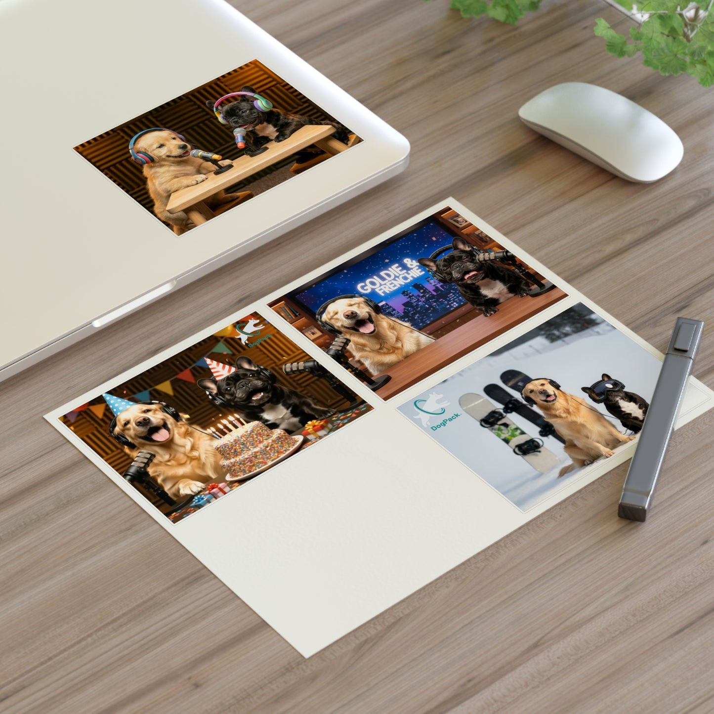 Goldie & Frenchie — Sheet of 4 Popular Stickers with backgrounds, Celebration, Talk Show, Snowboarding, Puppies