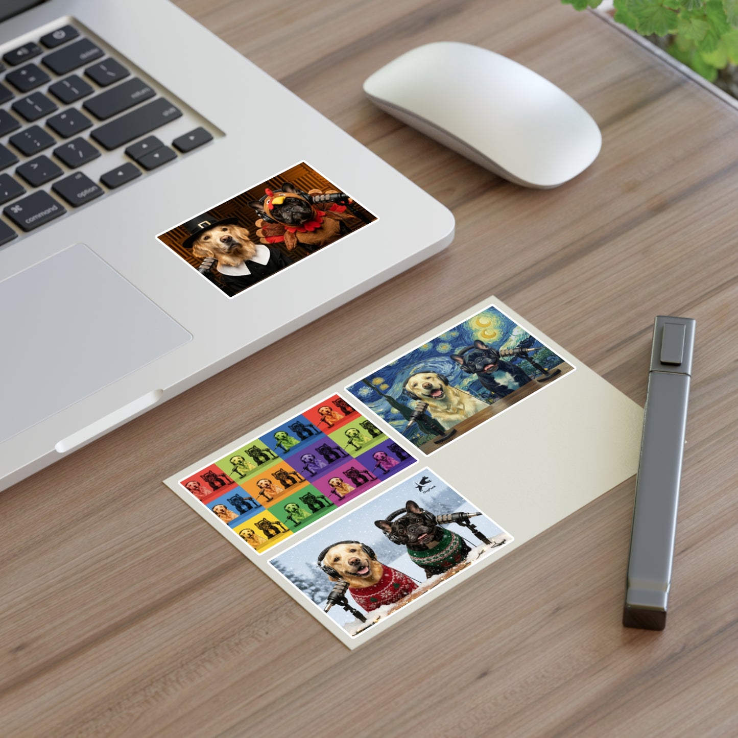 Goldie & Frenchie — Sheet of 4 Popular Stickers with backgrounds, Warhol, Van Gogh, Winter, Thanksgiving