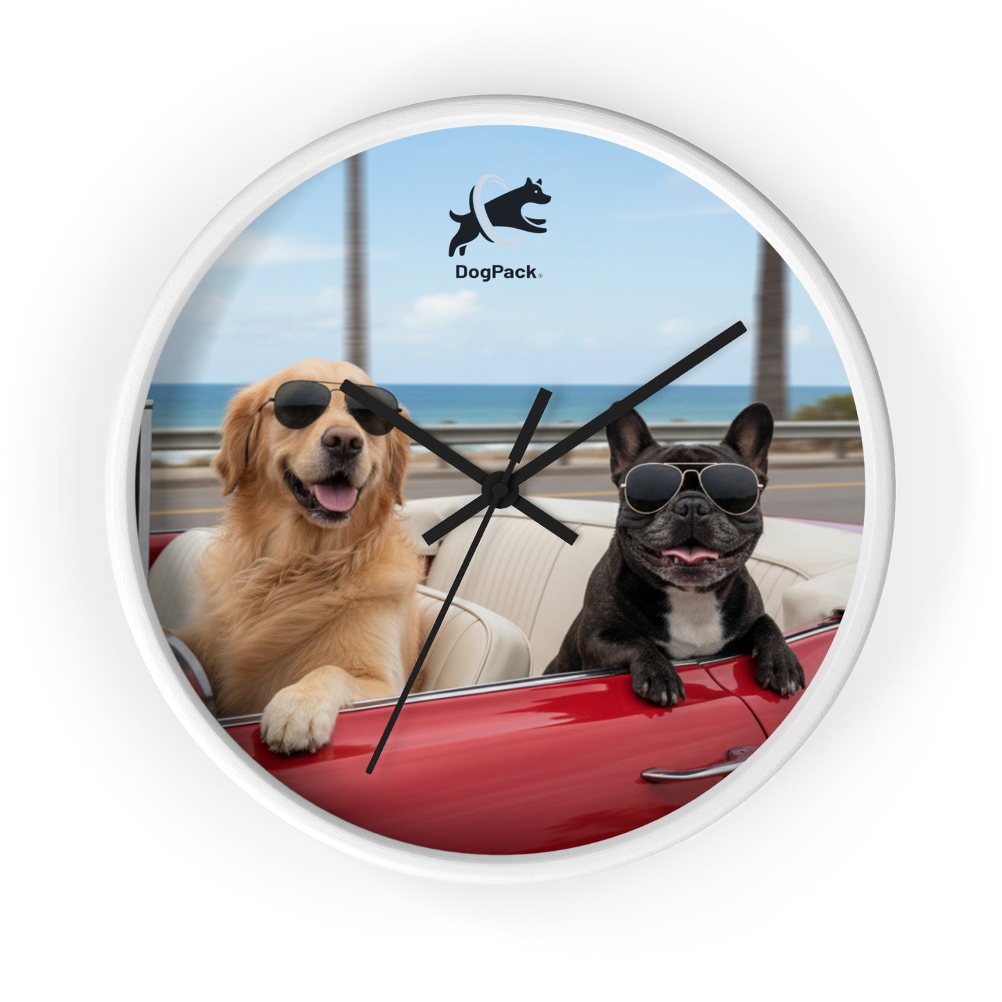 Goldie & Frenchie 'Cruising on the Beach' Wall Clock