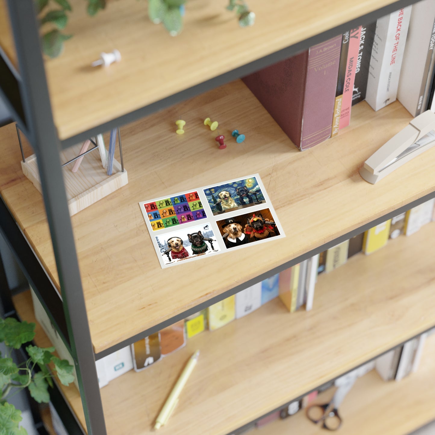 Goldie & Frenchie — Sheet of 4 Popular Stickers with backgrounds, Warhol, Van Gogh, Winter, Thanksgiving