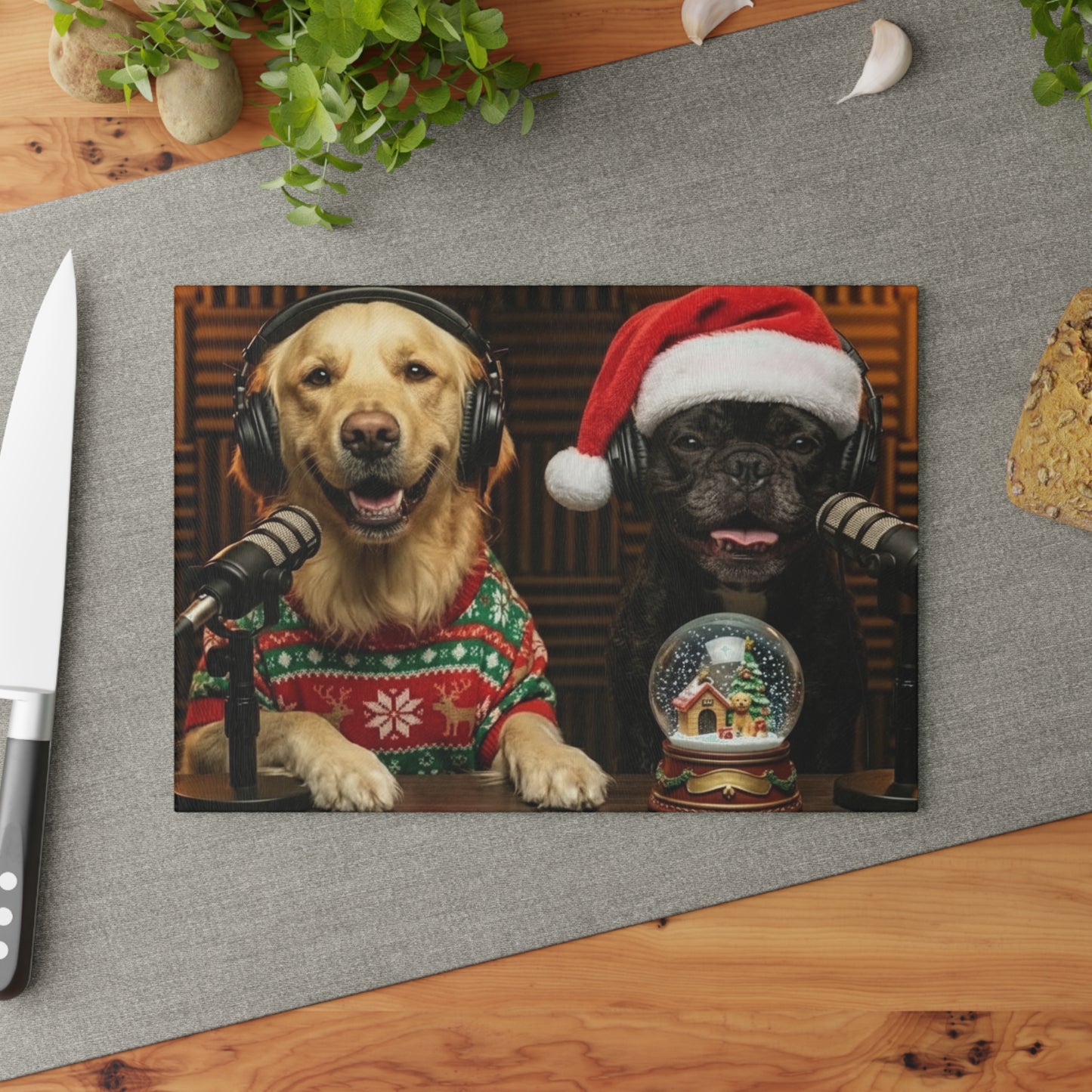 Goldie & Frenchie Christmas Glass Cutting Board