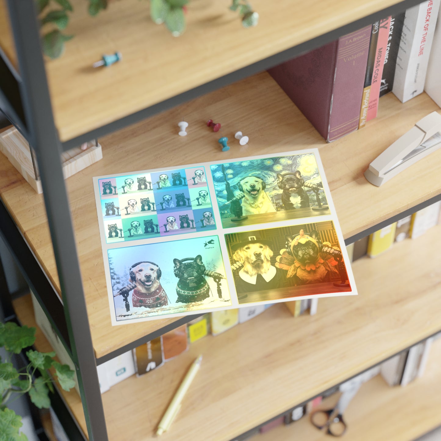 Goldie & Frenchie — Sheet of 4 Popular Stickers with backgrounds, Warhol, Van Gogh, Winter, Thanksgiving