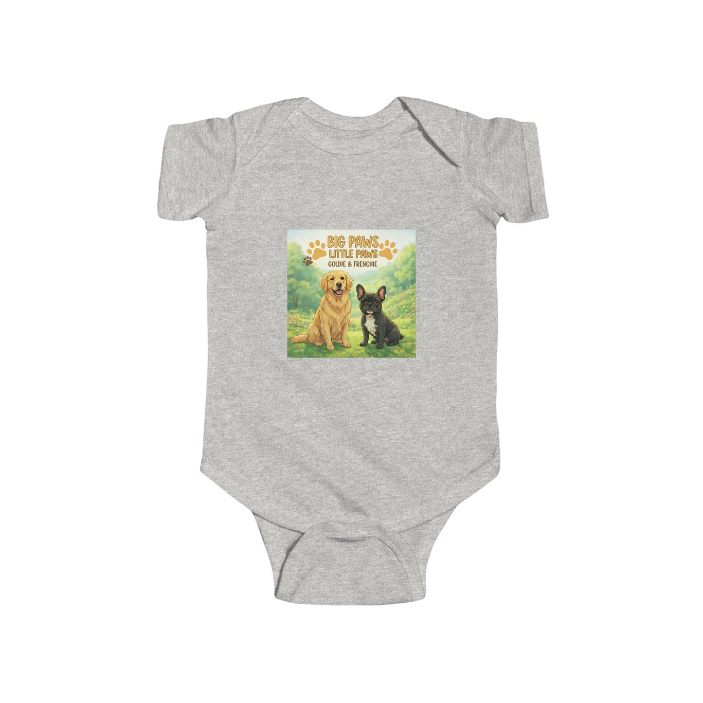 Baby Bodysuit with Goldie & Frenchie 'Big Paws, Little Paws' — Infant Onesie Gift for New Parents and Dog Owners