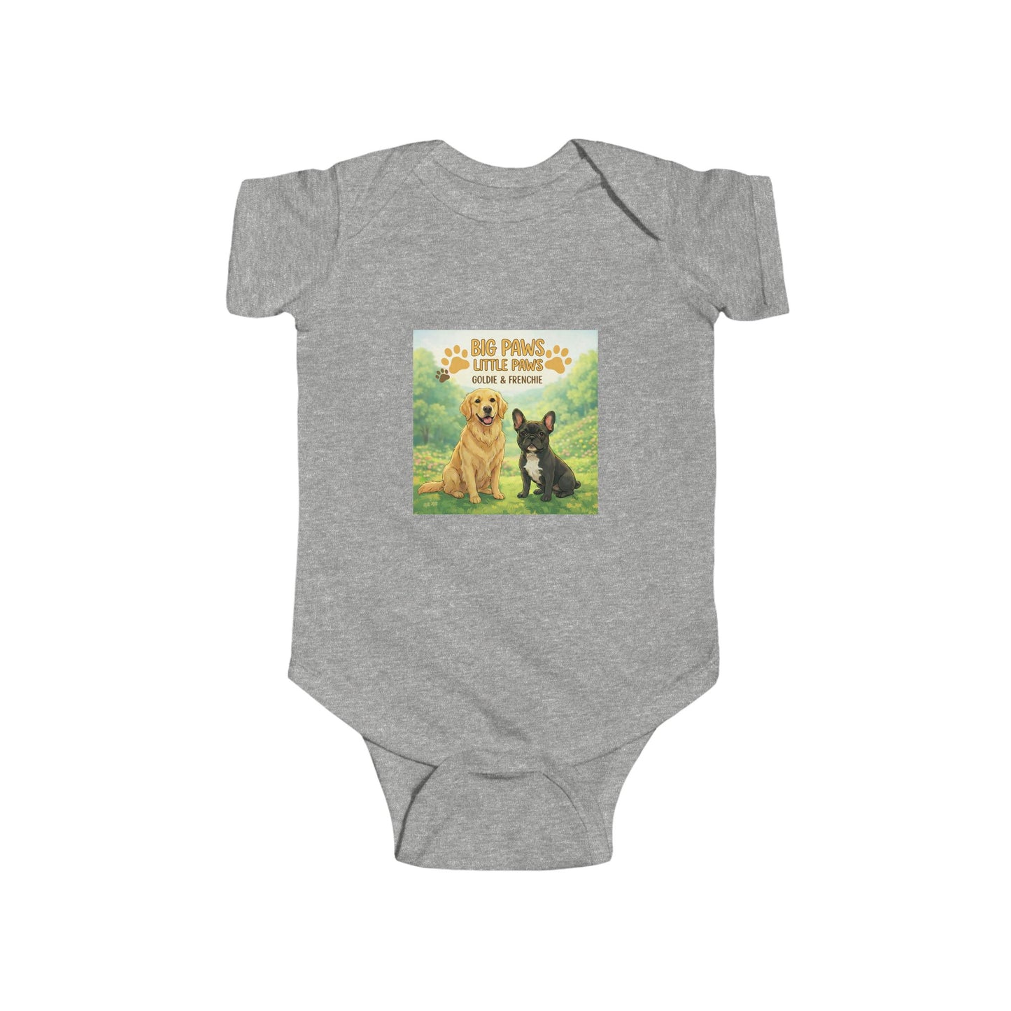 Baby Bodysuit with Goldie & Frenchie 'Big Paws, Little Paws' — Infant Onesie Gift for New Parents and Dog Owners