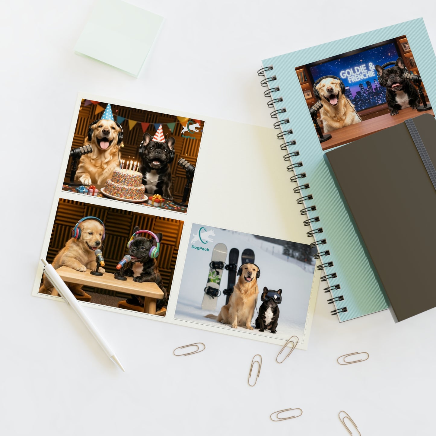 Goldie & Frenchie — Sheet of 4 Popular Stickers with backgrounds, Celebration, Talk Show, Snowboarding, Puppies