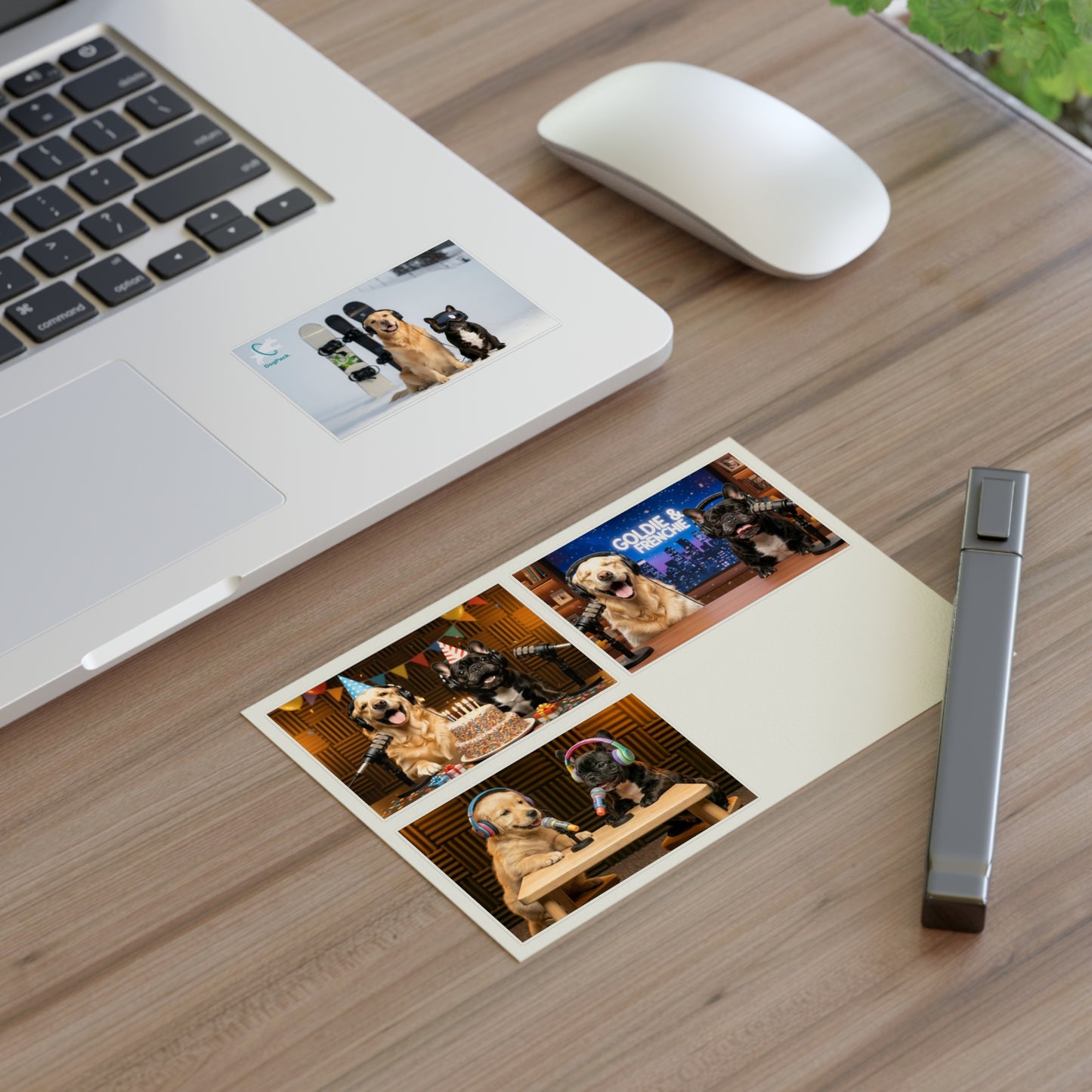 Goldie & Frenchie — Sheet of 4 Popular Stickers with backgrounds, Celebration, Talk Show, Snowboarding, Puppies