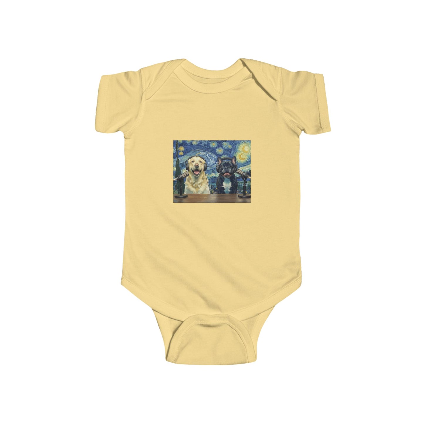 Baby Bodysuit with Goldie & Frenchie 'Van Gogh Starry Night' — Infant Onesie Gift for New Parents and Dog Owners