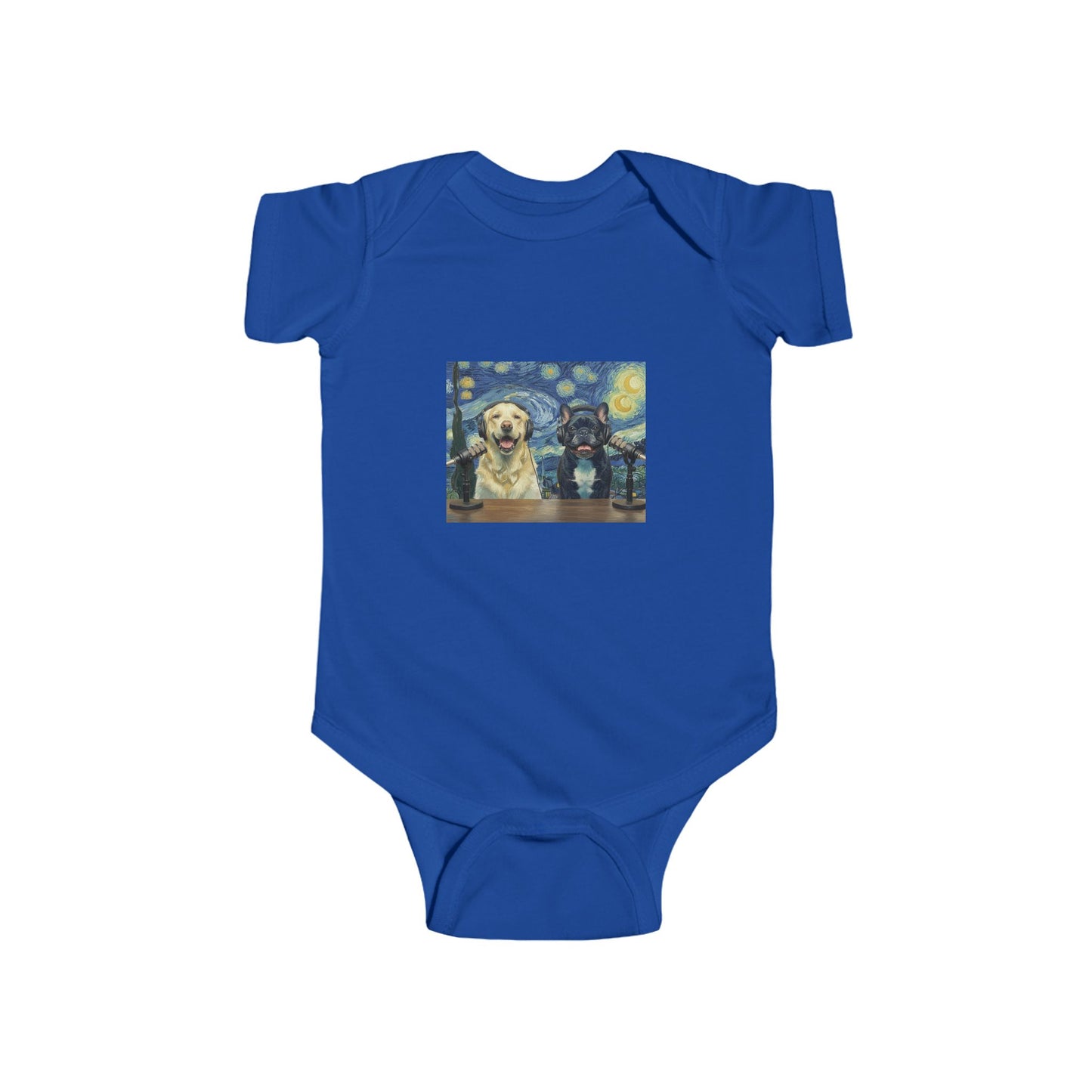Baby Bodysuit with Goldie & Frenchie 'Van Gogh Starry Night' — Infant Onesie Gift for New Parents and Dog Owners