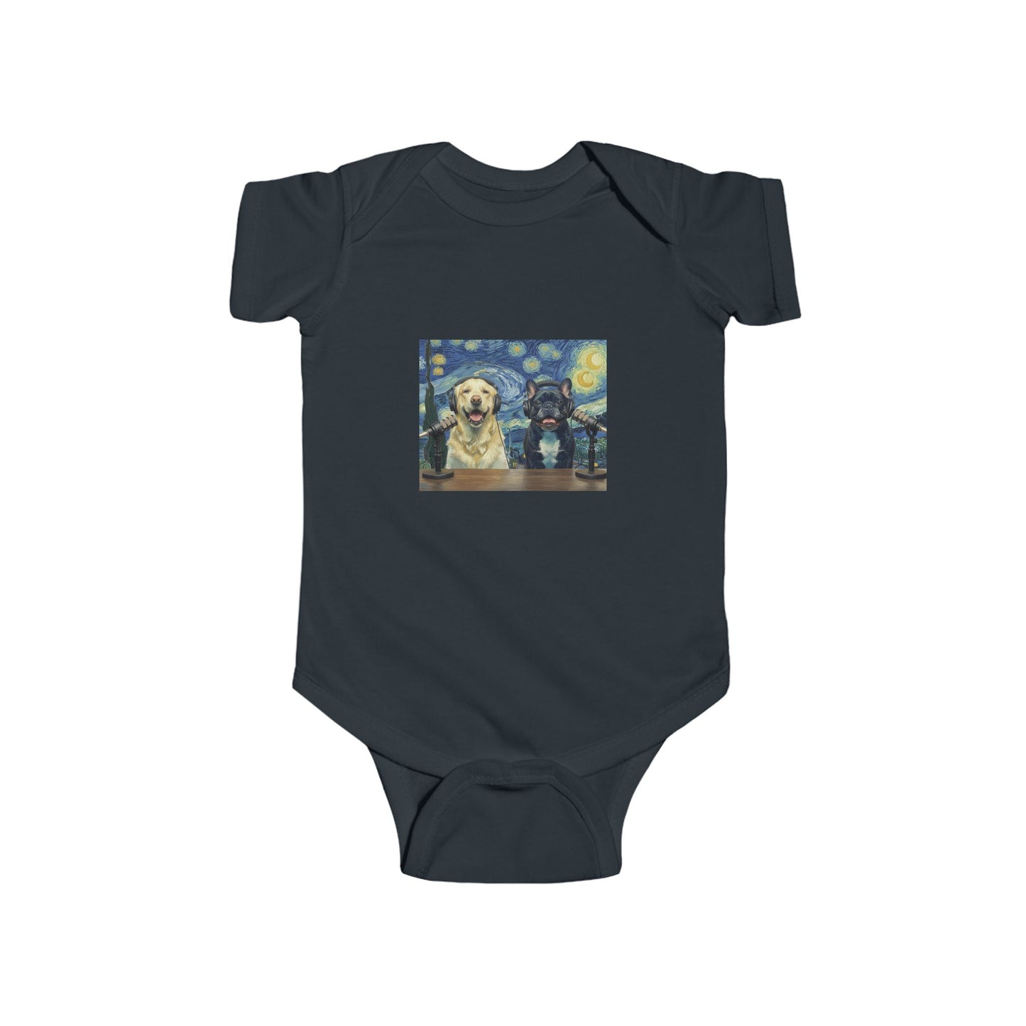 Baby Bodysuit with Goldie & Frenchie 'Van Gogh Starry Night' — Infant Onesie Gift for New Parents and Dog Owners