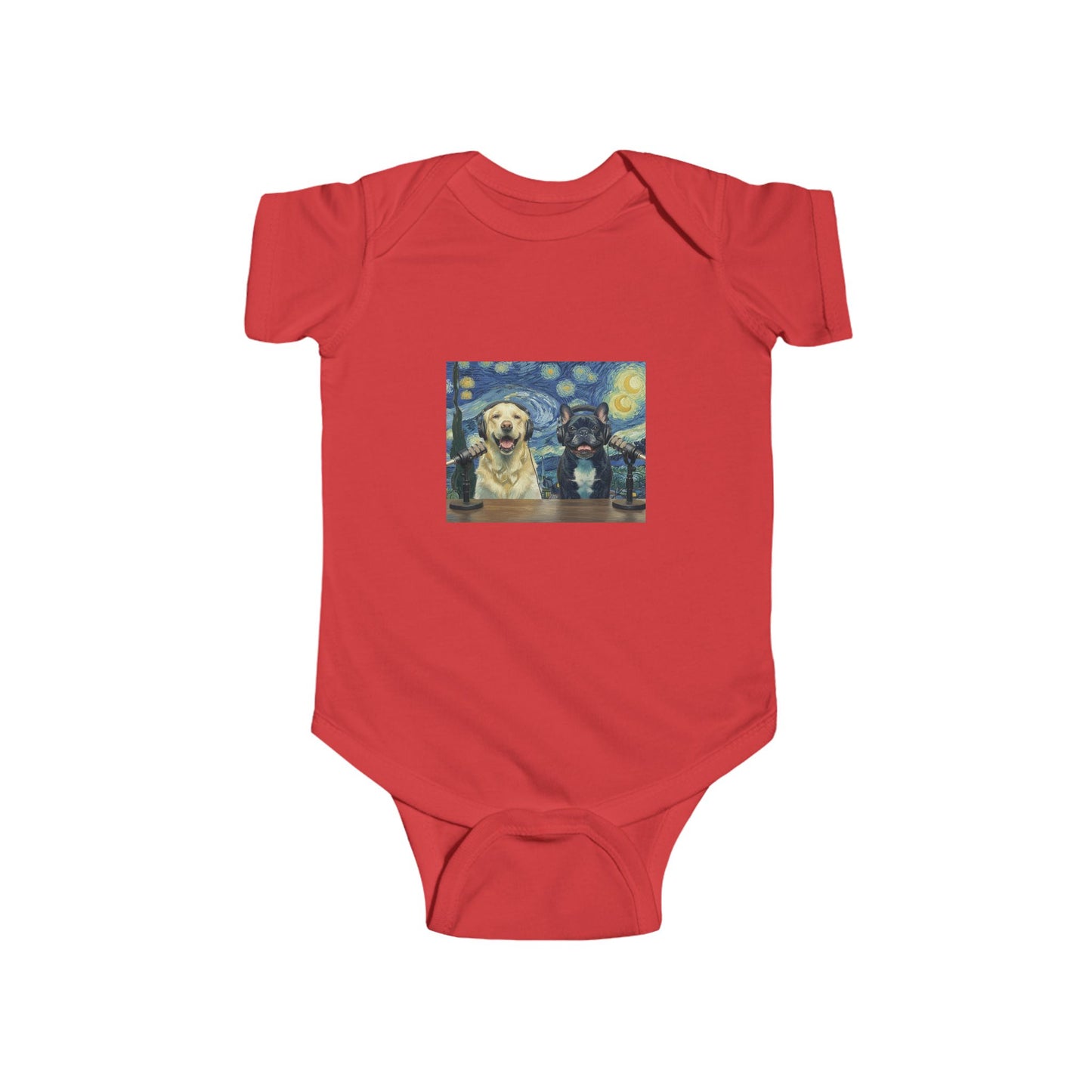 Baby Bodysuit with Goldie & Frenchie 'Van Gogh Starry Night' — Infant Onesie Gift for New Parents and Dog Owners