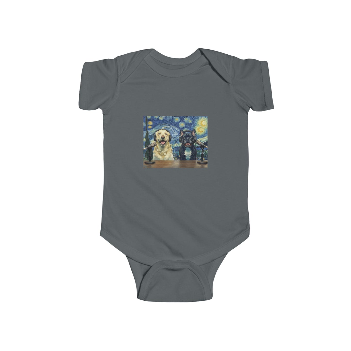 Baby Bodysuit with Goldie & Frenchie 'Van Gogh Starry Night' — Infant Onesie Gift for New Parents and Dog Owners