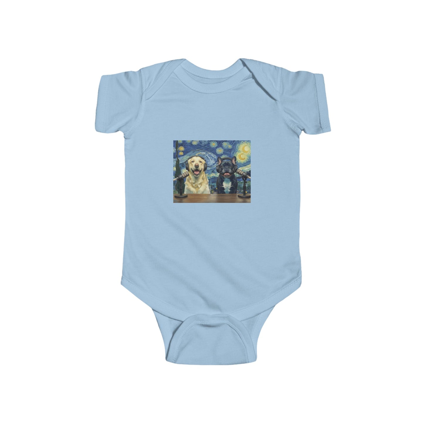 Baby Bodysuit with Goldie & Frenchie 'Van Gogh Starry Night' — Infant Onesie Gift for New Parents and Dog Owners
