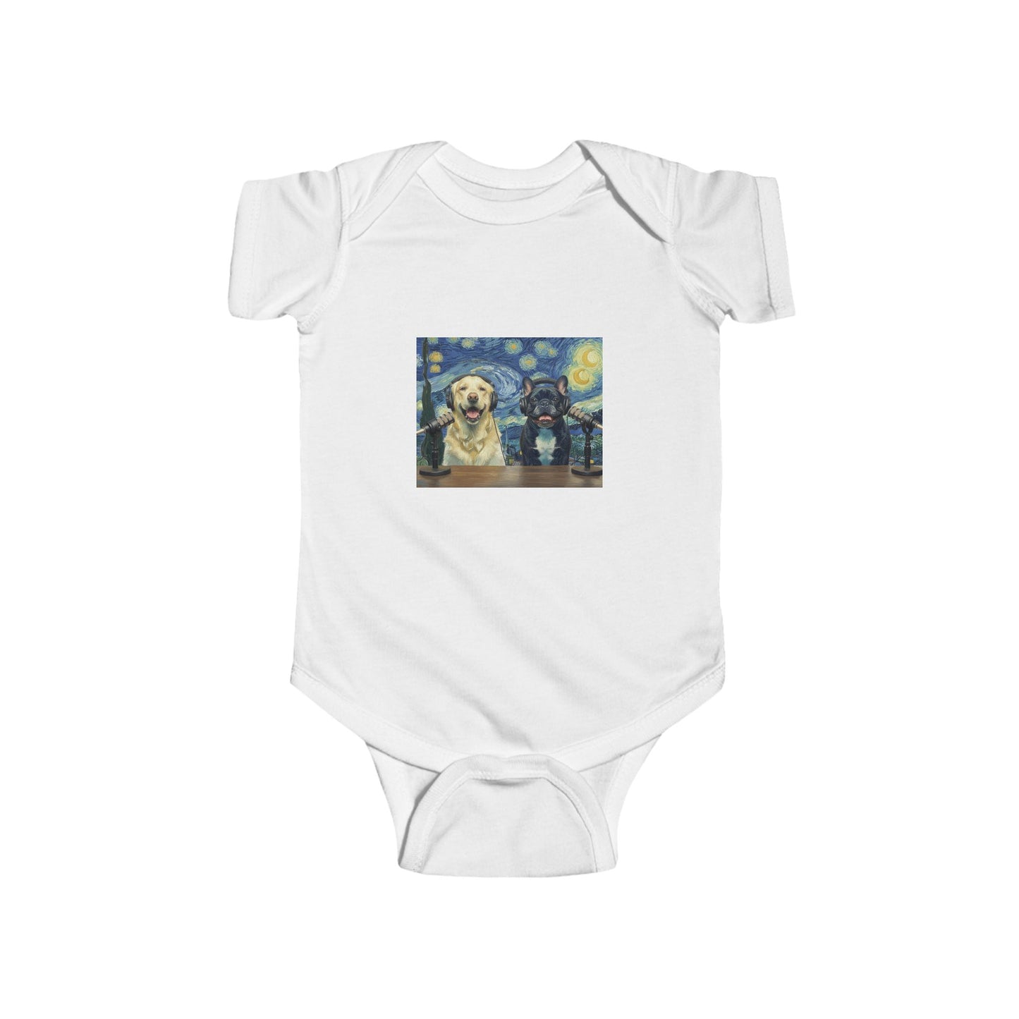 Baby Bodysuit with Goldie & Frenchie 'Van Gogh Starry Night' — Infant Onesie Gift for New Parents and Dog Owners