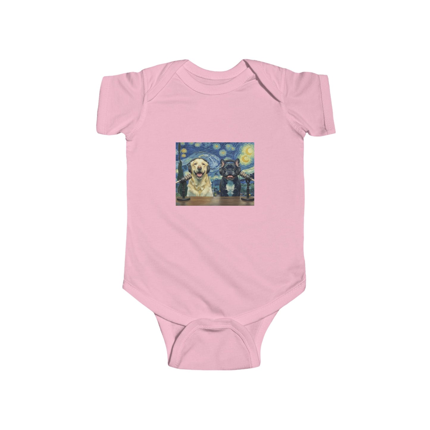 Baby Bodysuit with Goldie & Frenchie 'Van Gogh Starry Night' — Infant Onesie Gift for New Parents and Dog Owners