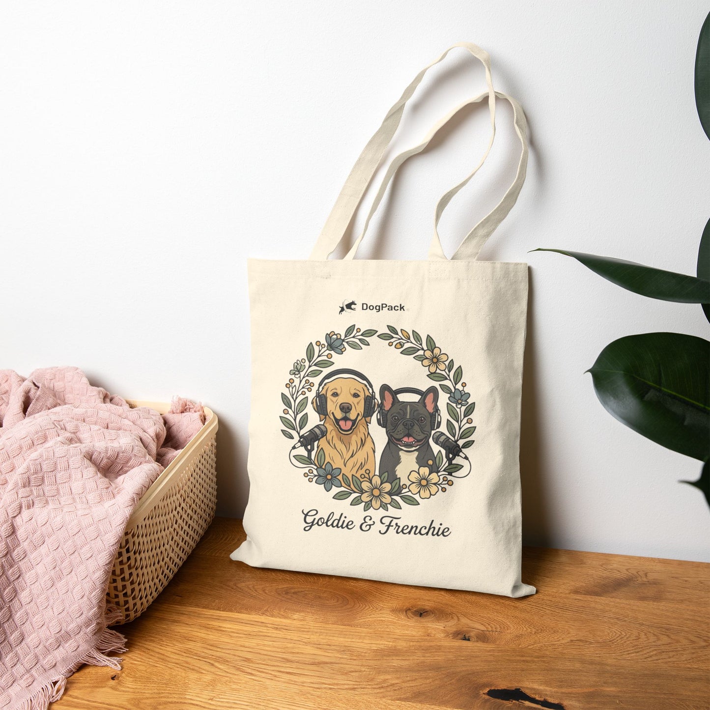 Goldie & Frenchie Canvas Tote Bag —  Floral Wreath