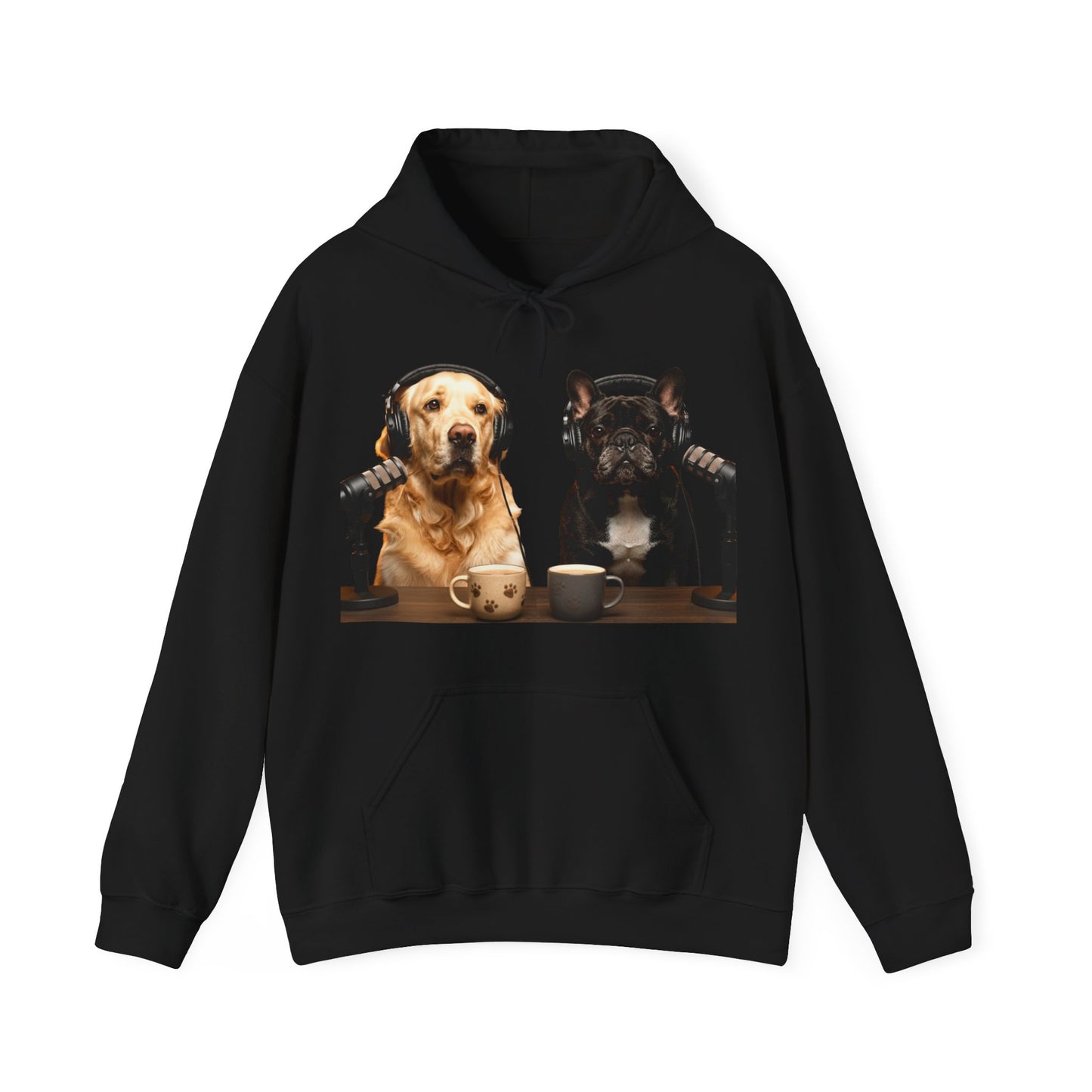 Goldie & Frenchie Dog Podcast with Coffee Mugs Hoodie — Front & Back Print - Ships from United Kingdom