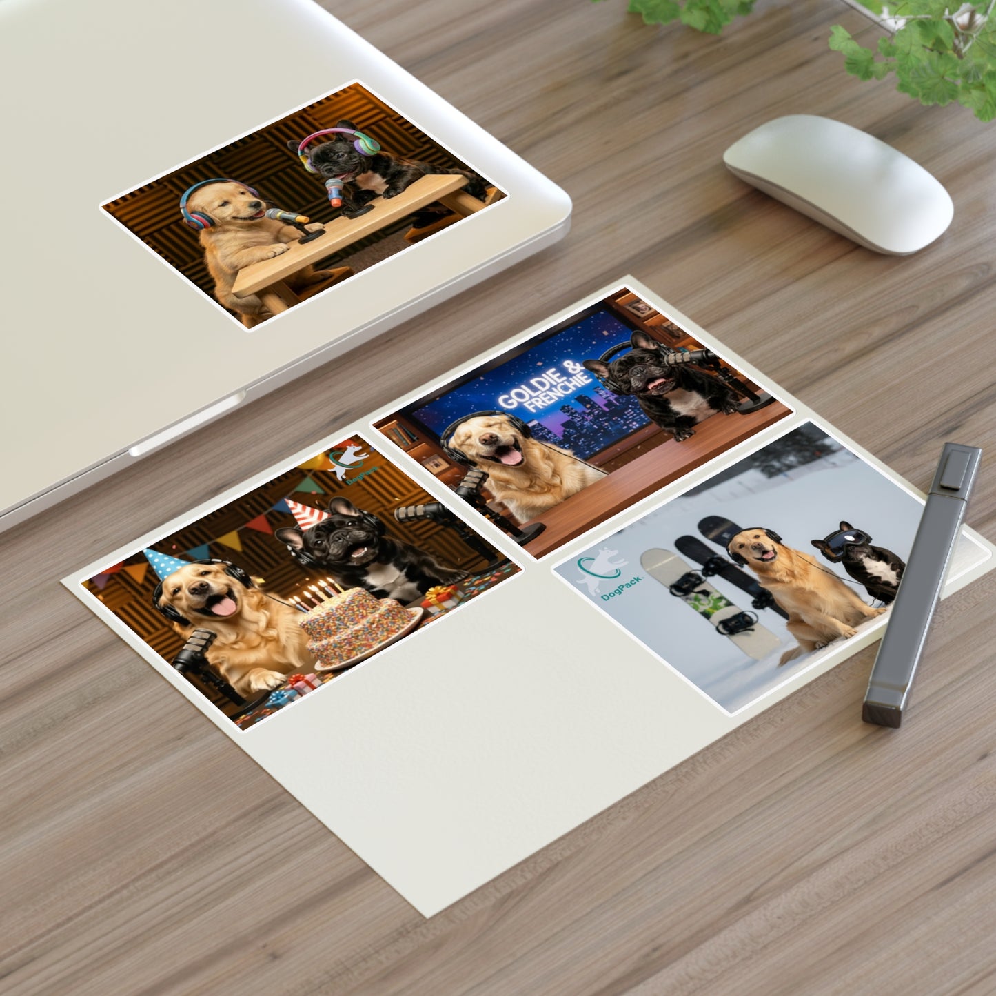 Goldie & Frenchie — Sheet of 4 Popular Stickers with backgrounds, Celebration, Talk Show, Snowboarding, Puppies
