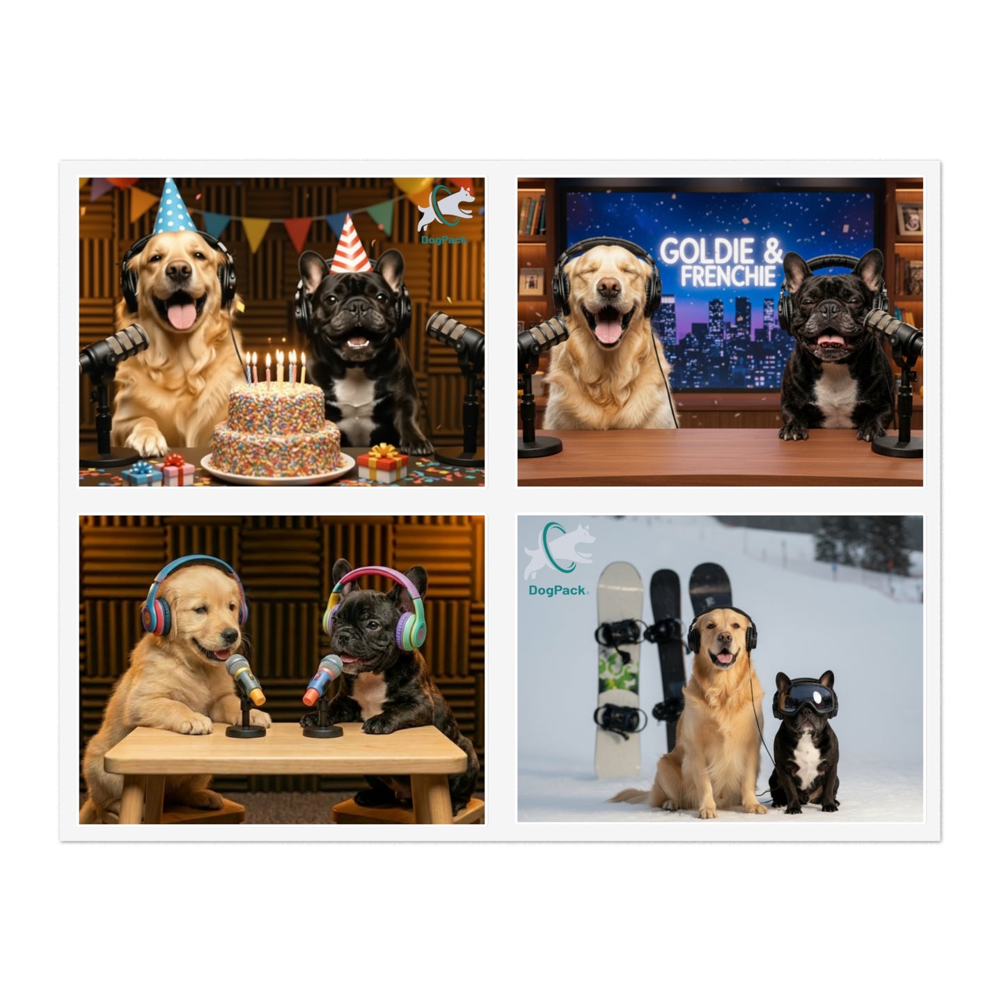 Goldie & Frenchie — Sheet of 4 Popular Stickers with backgrounds, Celebration, Talk Show, Snowboarding, Puppies