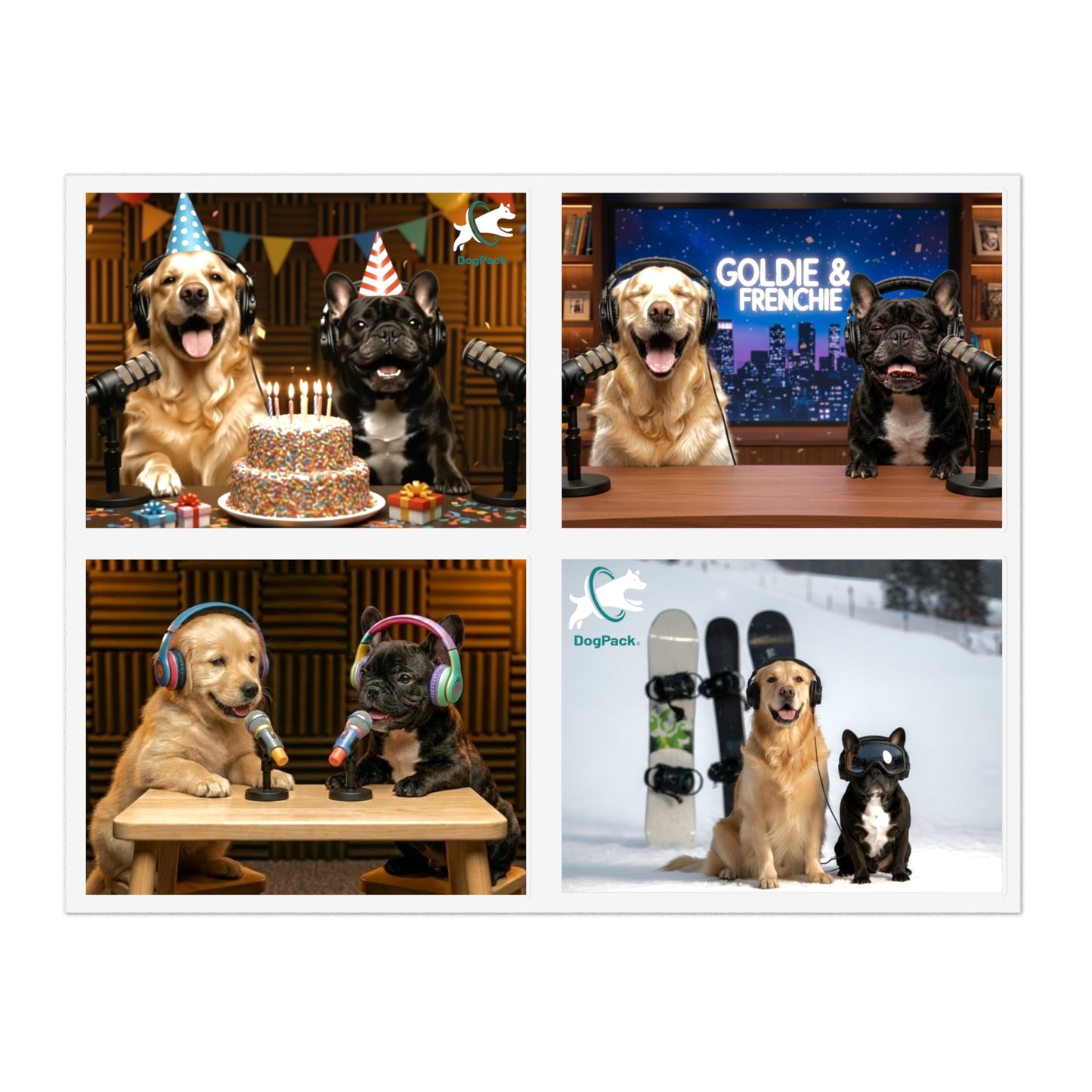 Goldie & Frenchie — Sheet of 4 Popular Stickers with backgrounds, Celebration, Talk Show, Snowboarding, Puppies