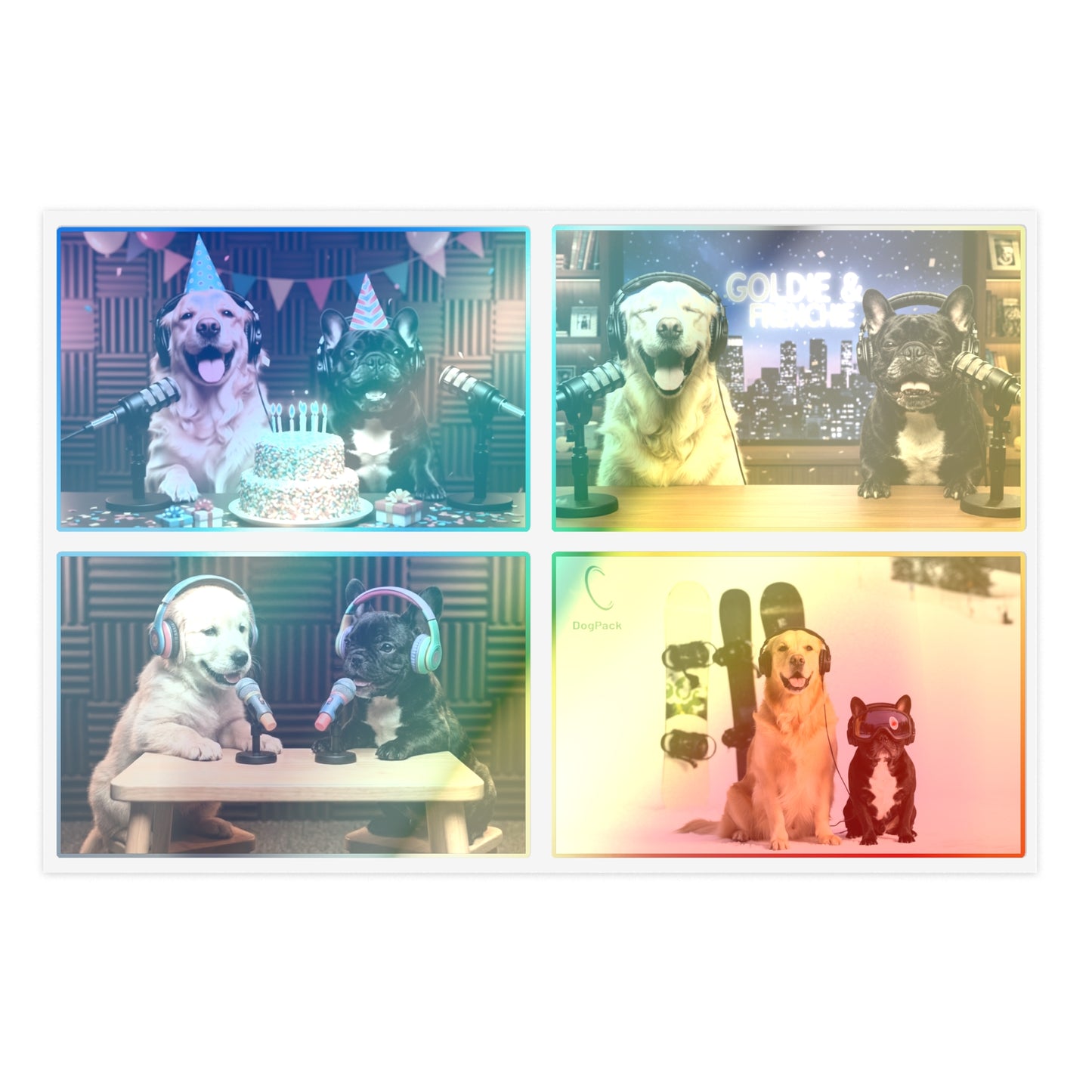 Goldie & Frenchie — Sheet of 4 Popular Stickers with backgrounds, Celebration, Talk Show, Snowboarding, Puppies