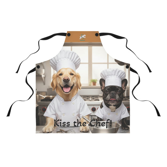 Dog Chef Apron - 'Kiss the Chef!' Cute Kitchen Apron with Dogs in Chef Hats