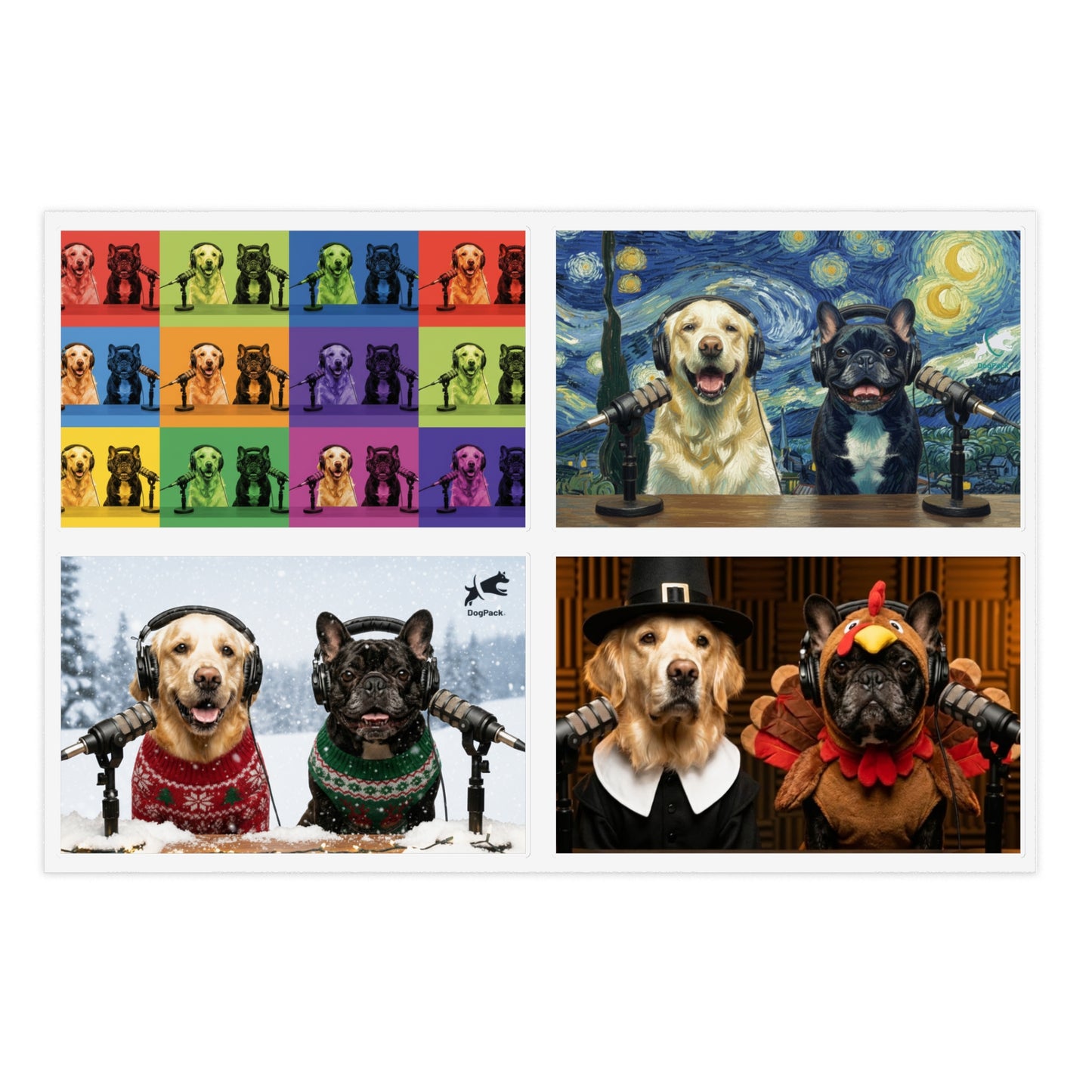 Goldie & Frenchie — Sheet of 4 Popular Stickers with backgrounds, Warhol, Van Gogh, Winter, Thanksgiving