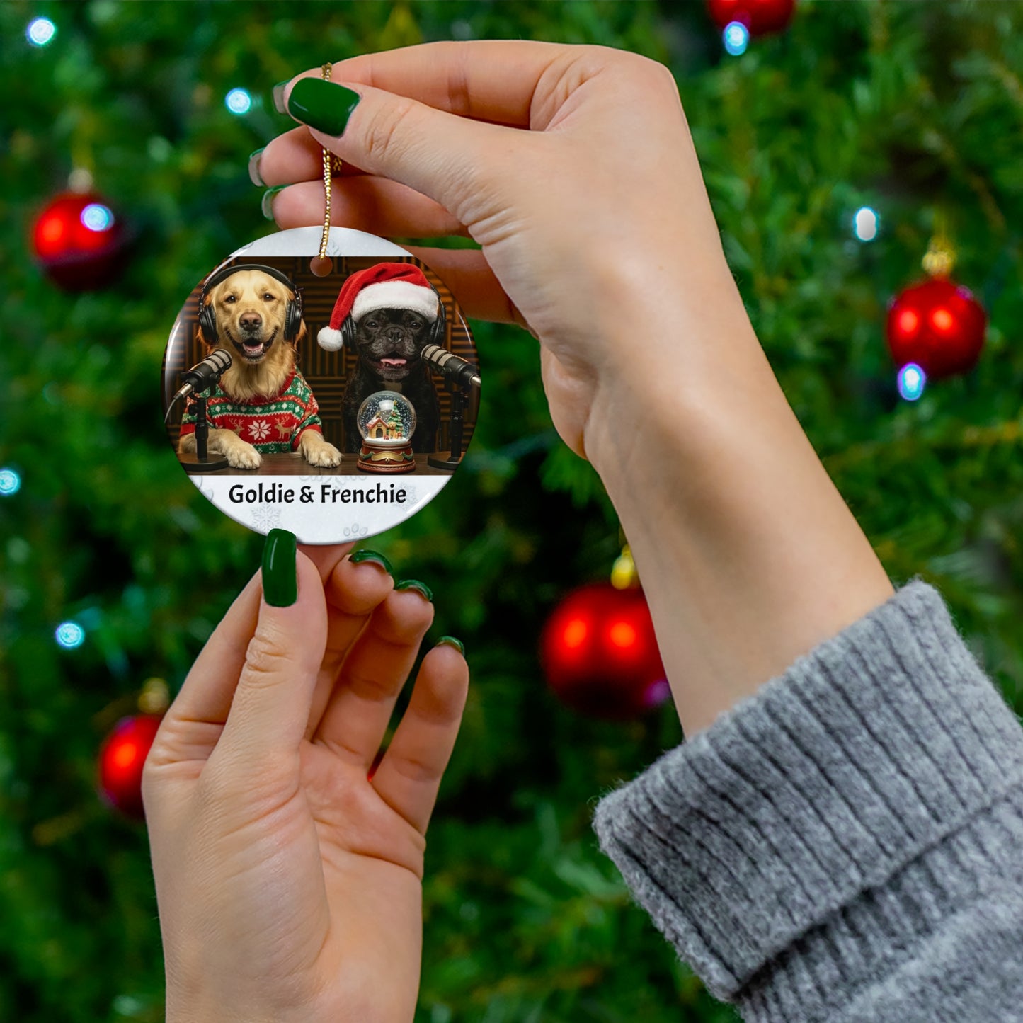 Goldie & Frenchie Christmas Ceramic Ornament