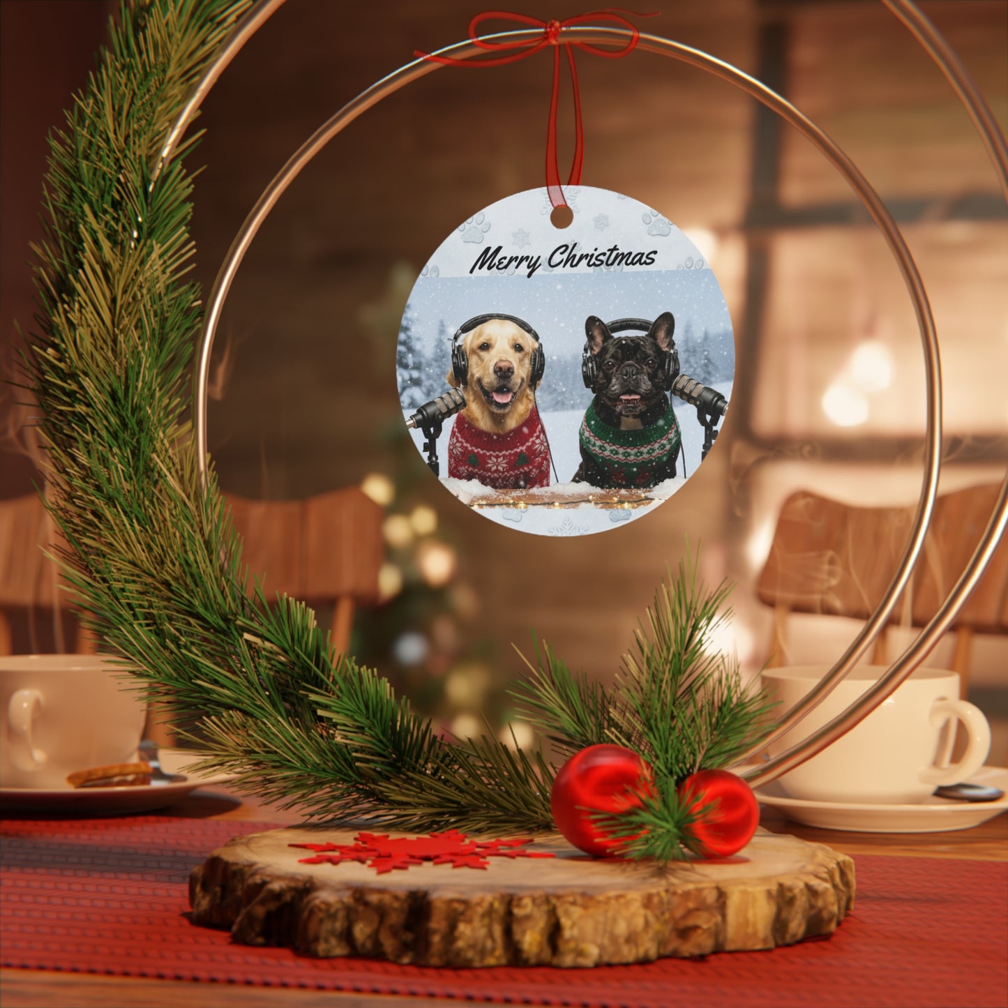 Goldie & Frenchie Metal 2-sided Christmas Ornament
