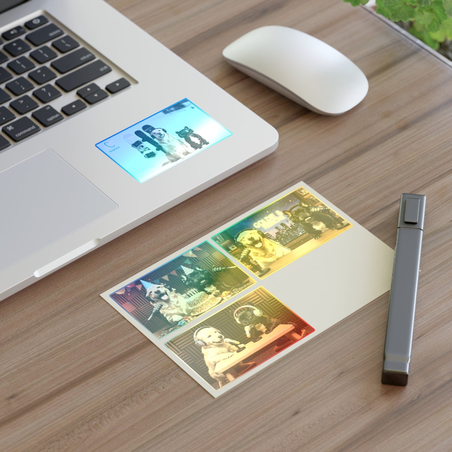 Goldie & Frenchie — Sheet of 4 Popular Stickers with backgrounds, Celebration, Talk Show, Snowboarding, Puppies