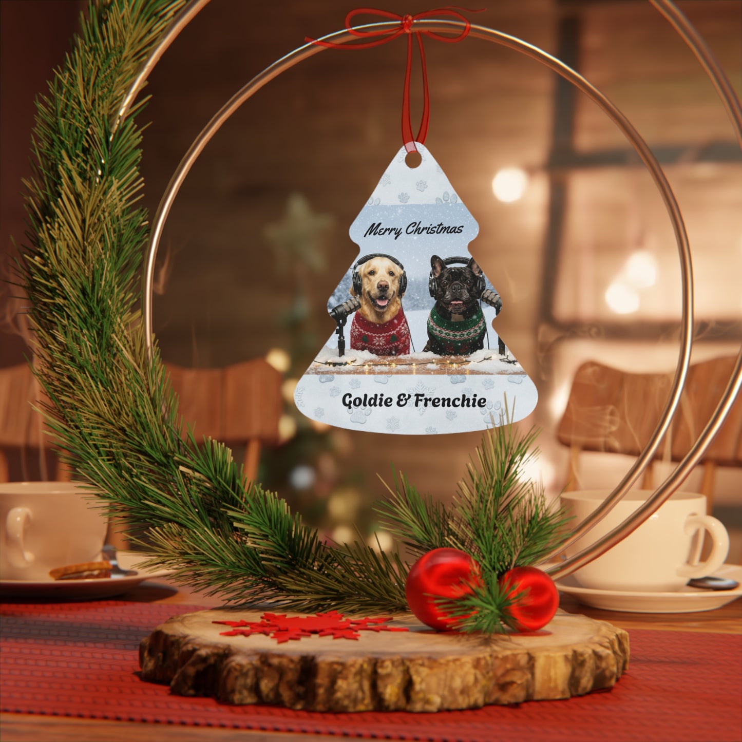 Goldie & Frenchie Metal 2-sided Christmas Ornament