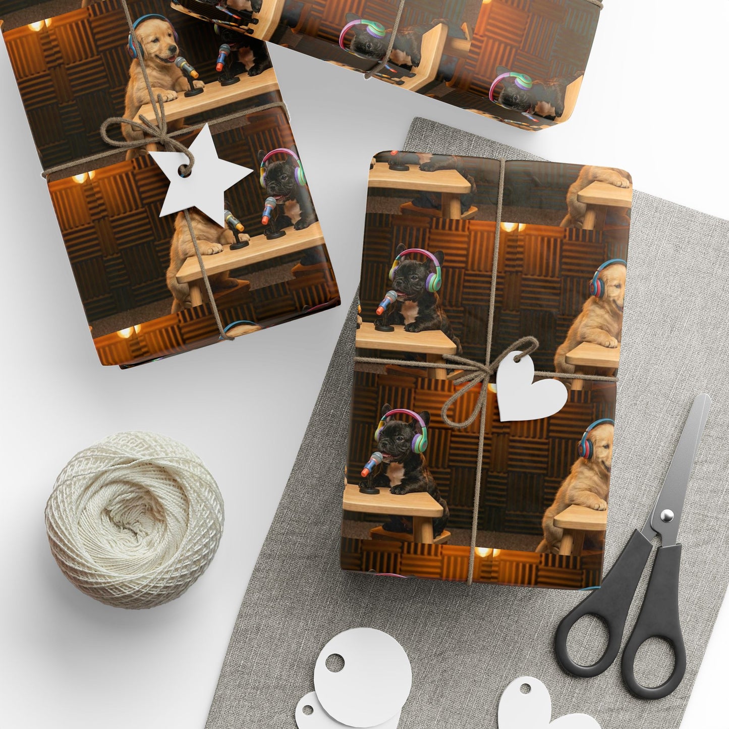 Baby Goldie & Frenchie Classic Studio Wrapping Paper Roll — Puppies on a Podcast Inspired Gift Wrap