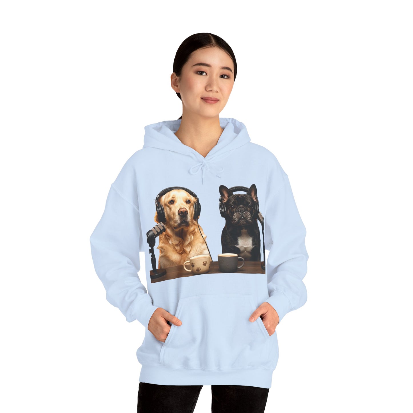 Goldie & Frenchie Dog Podcast with Coffee Mugs Hoodie — Front & Back Print - Ships from United Kingdom