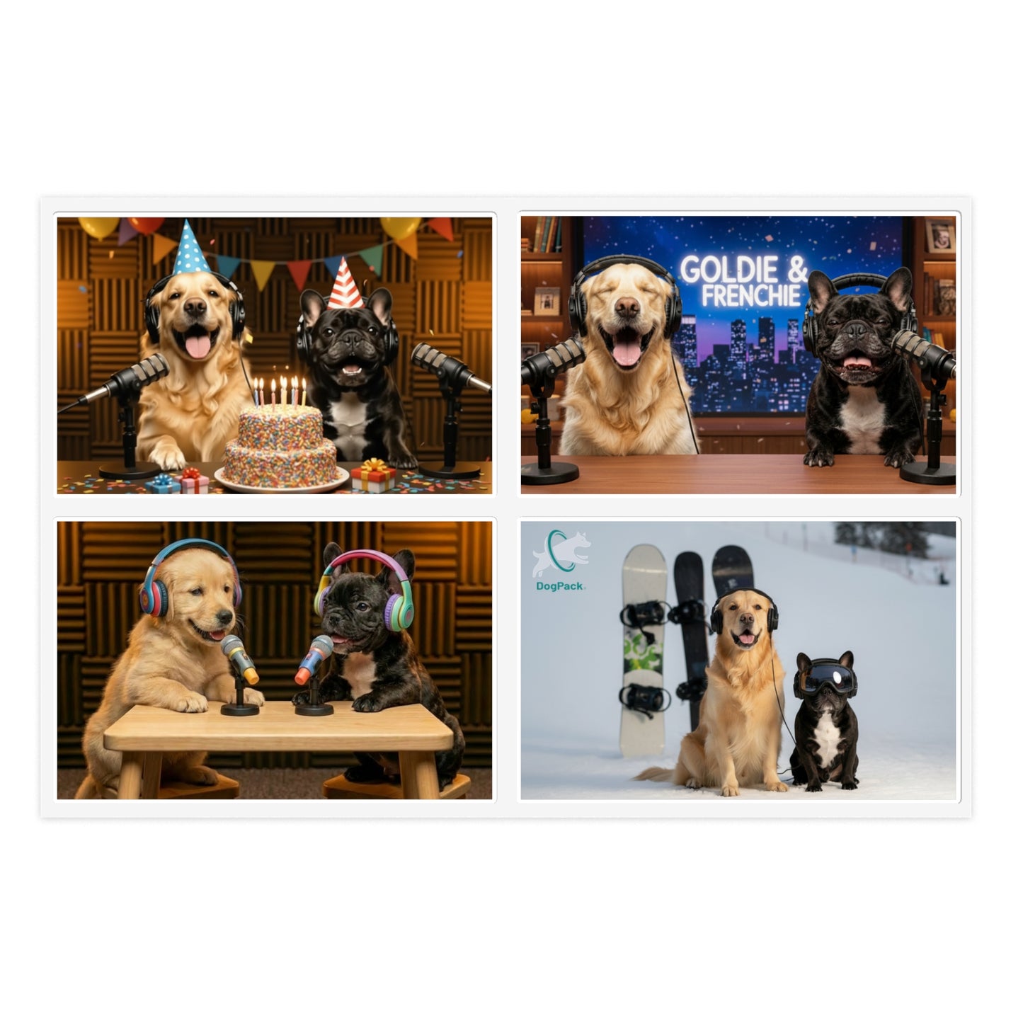 Goldie & Frenchie — Sheet of 4 Popular Stickers with backgrounds, Celebration, Talk Show, Snowboarding, Puppies