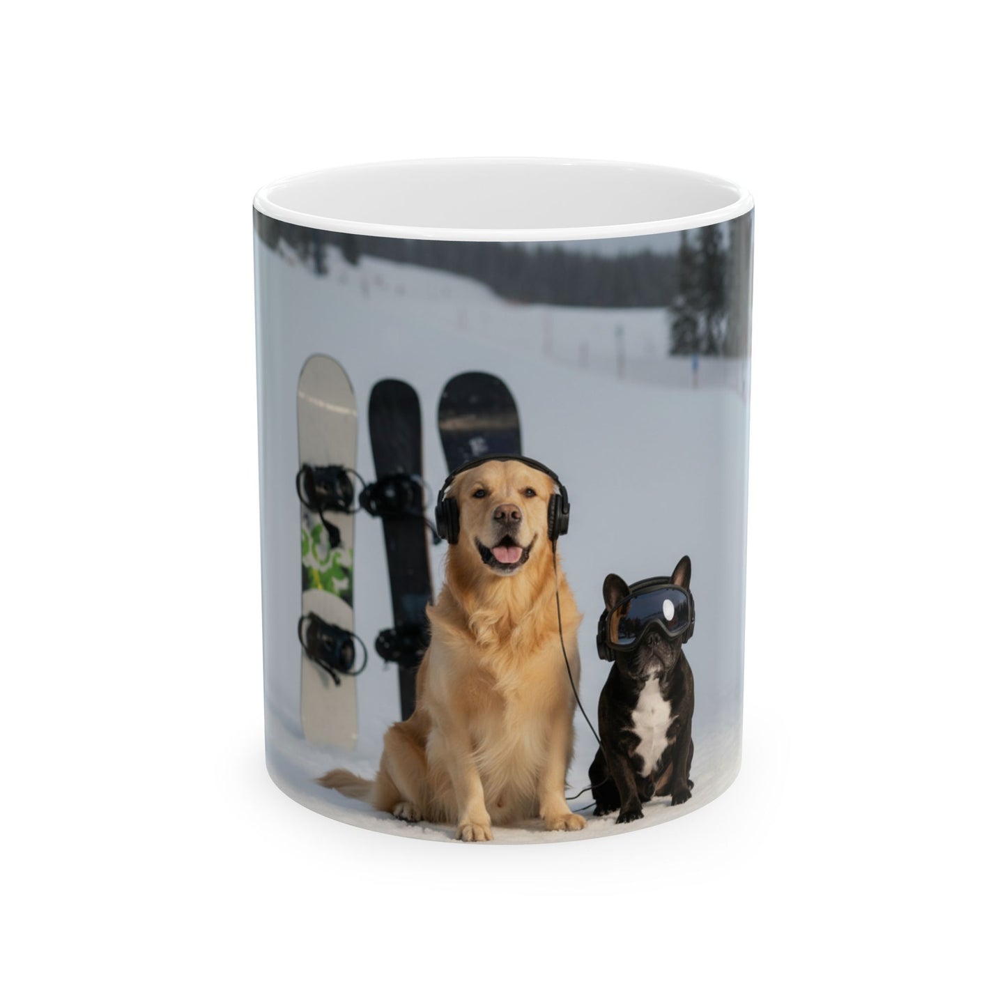 Goldie & Frenchie Hitting the Slopes — Snowboard Day Ski Mug for Dog Lovers (11oz/15oz)
