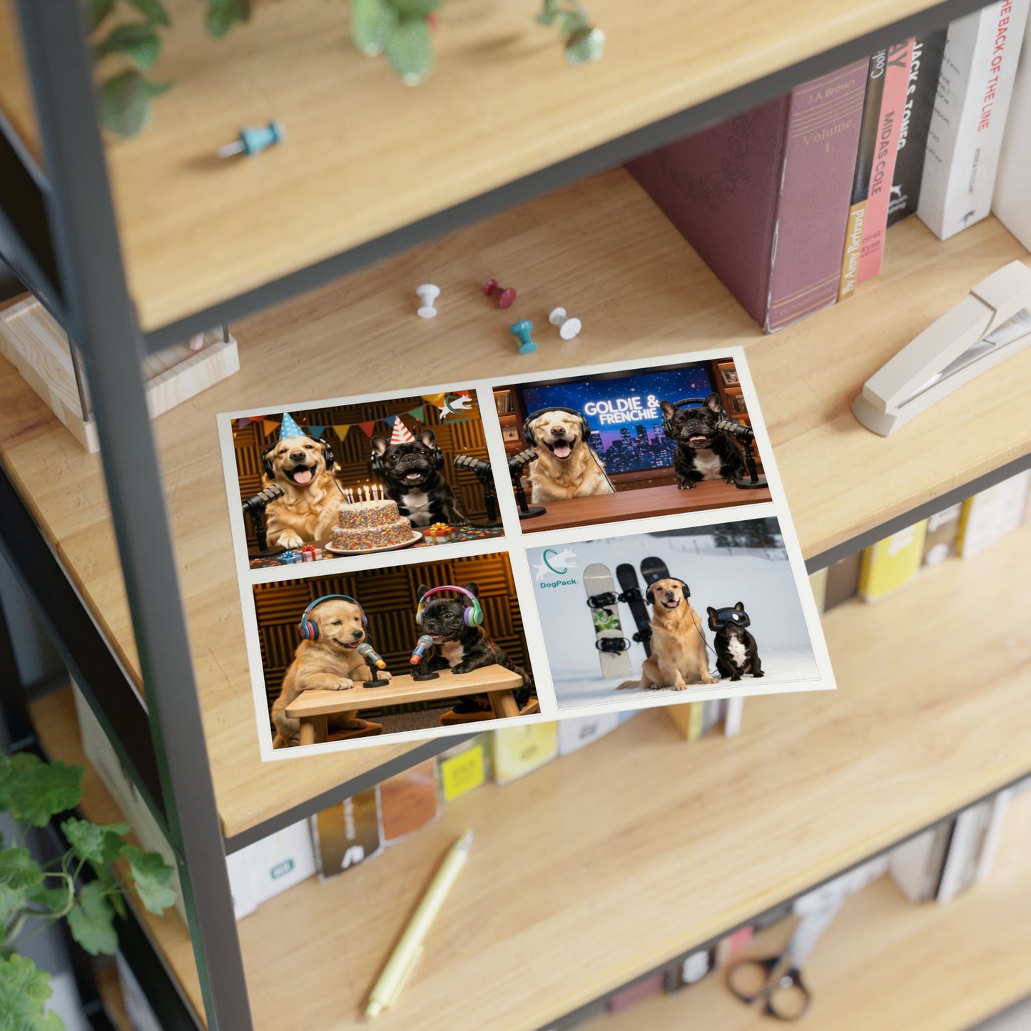 Goldie & Frenchie — Sheet of 4 Popular Stickers with backgrounds, Celebration, Talk Show, Snowboarding, Puppies