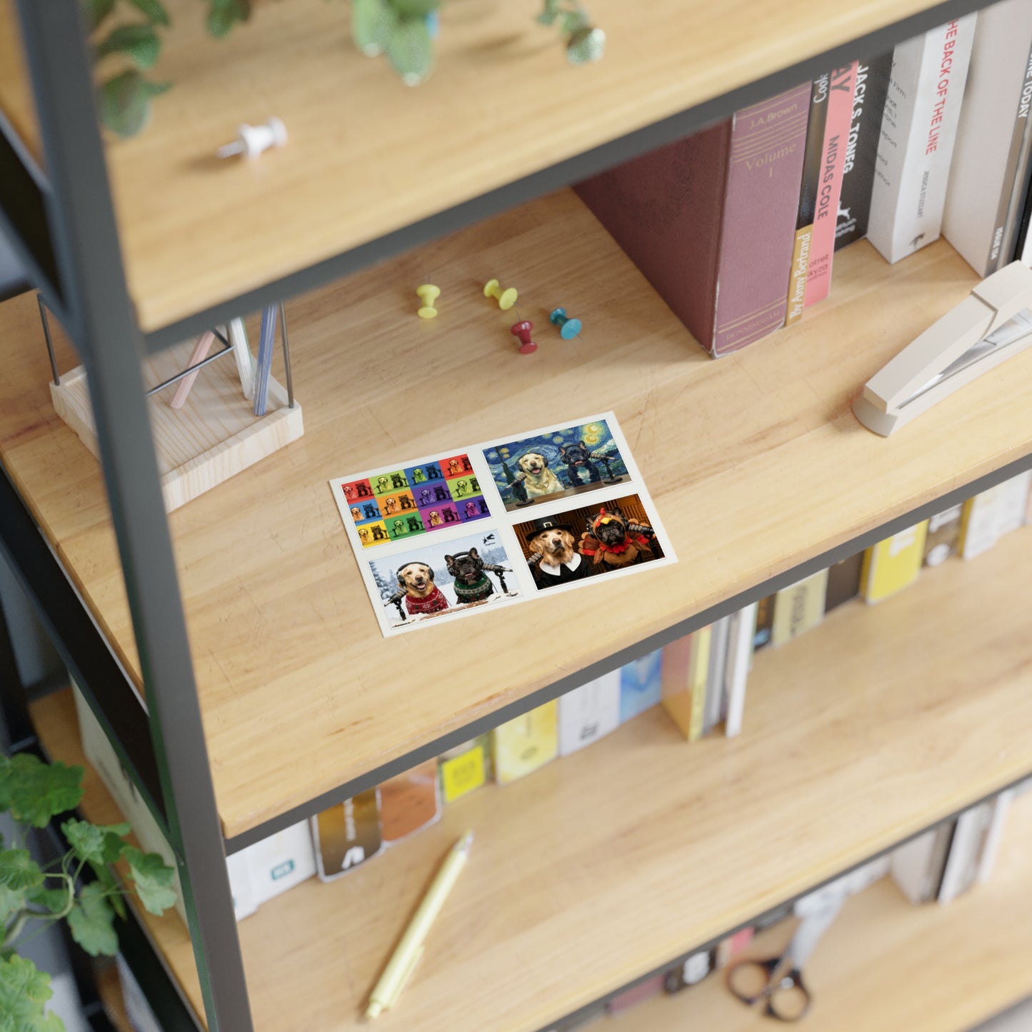 Goldie & Frenchie — Sheet of 4 Popular Stickers with backgrounds, Warhol, Van Gogh, Winter, Thanksgiving