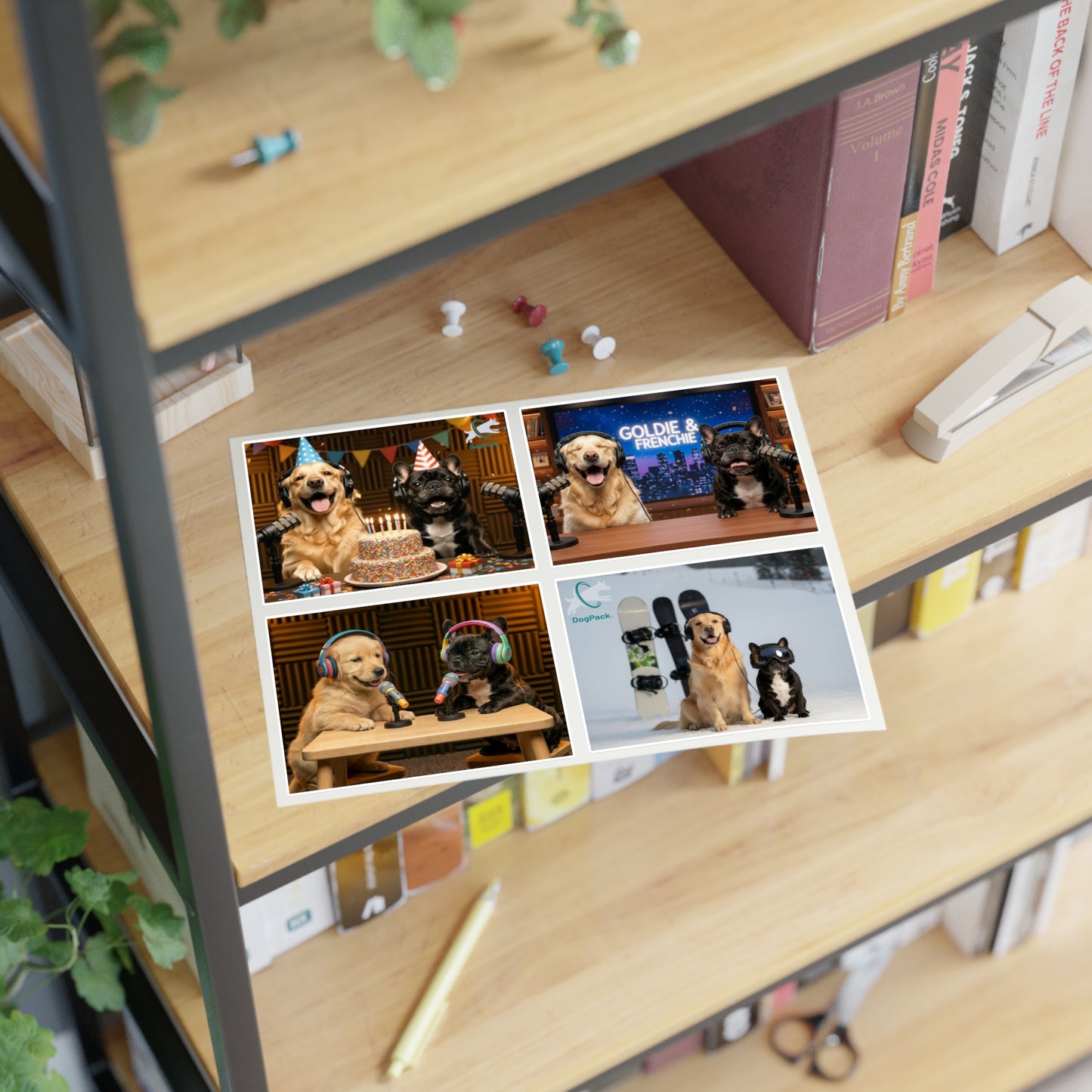 Goldie & Frenchie — Sheet of 4 Popular Stickers with backgrounds, Celebration, Talk Show, Snowboarding, Puppies