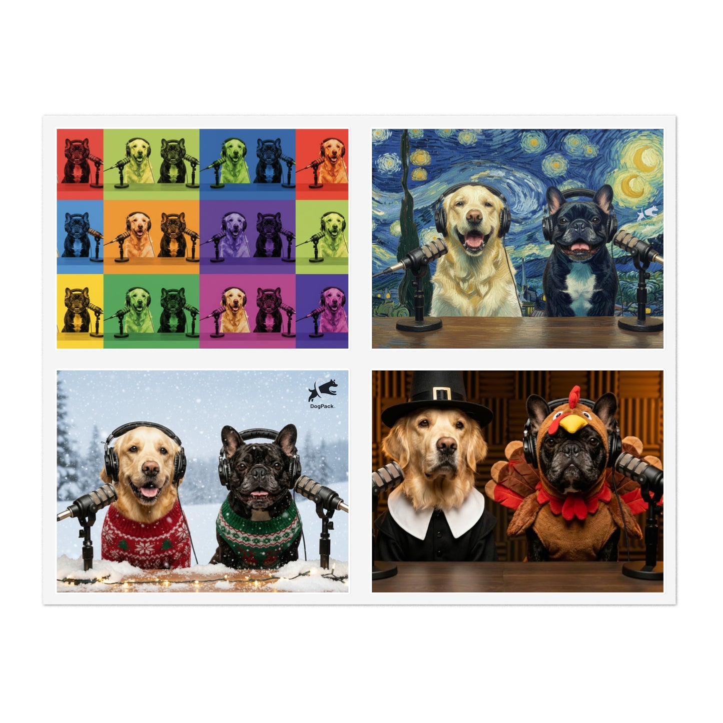 Goldie & Frenchie — Sheet of 4 Popular Stickers with backgrounds, Warhol, Van Gogh, Winter, Thanksgiving