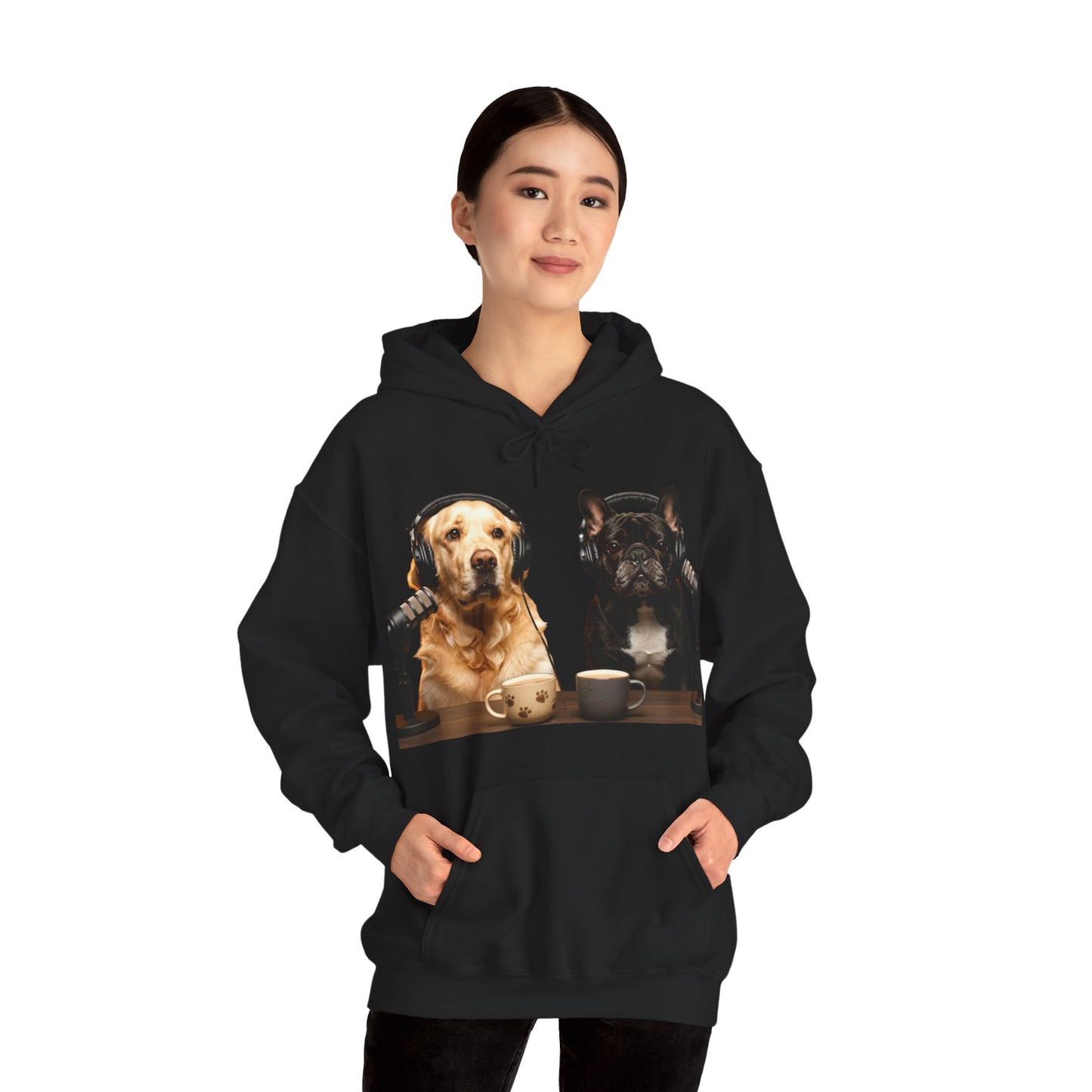 Goldie & Frenchie Dog Podcast with Coffee Mugs Hoodie — Front & Back Print - Ships from United Kingdom