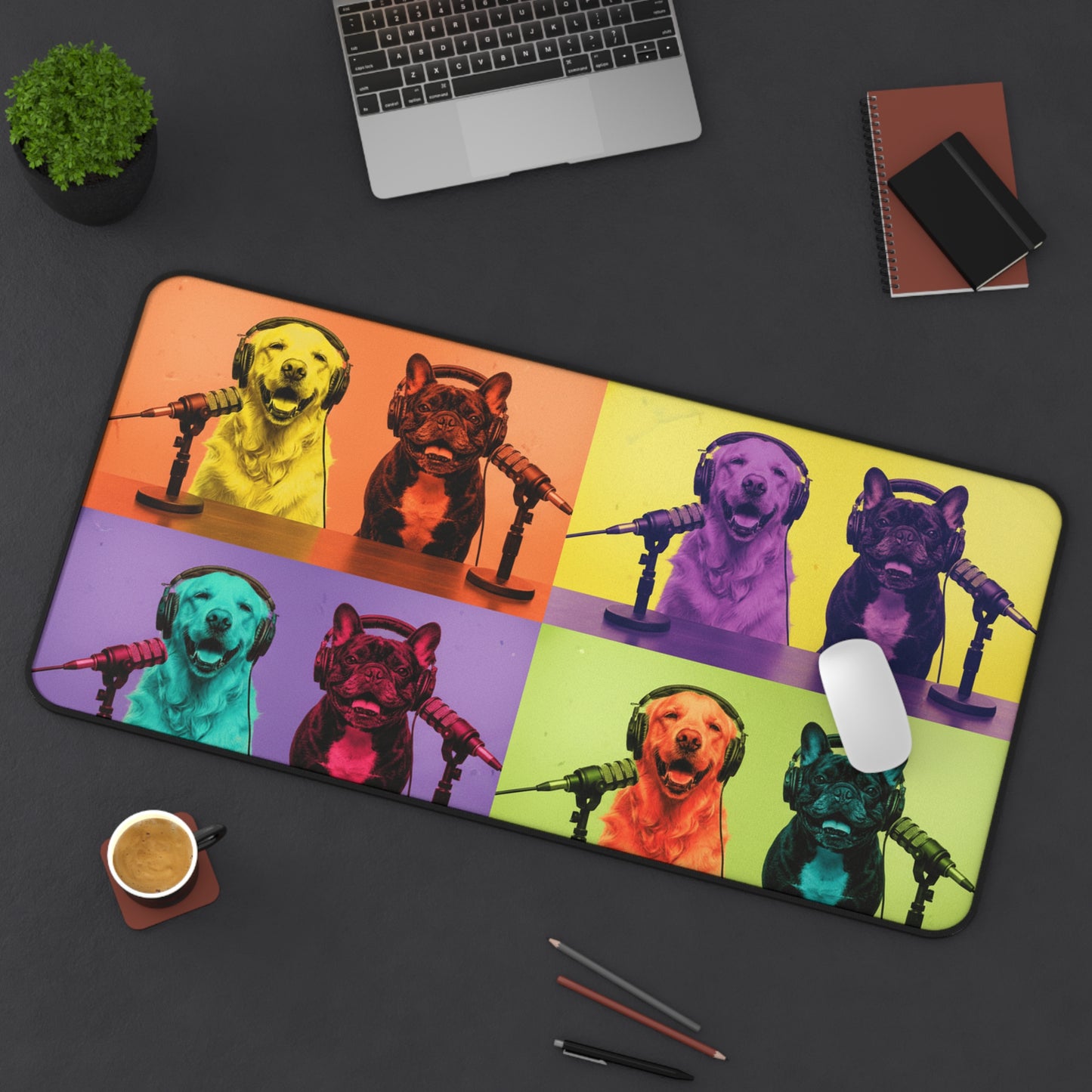 Goldie & Frenchie Warhol Inspired Desk Mat -- Colorful Pop-Art Microphone Mouse Pad