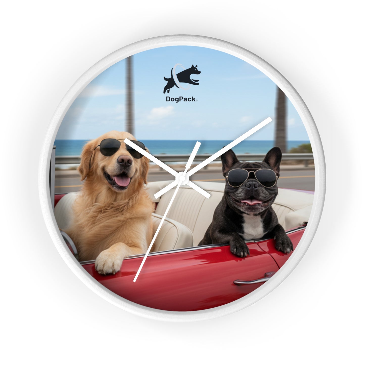 Goldie & Frenchie 'Cruising on the Beach' Wall Clock