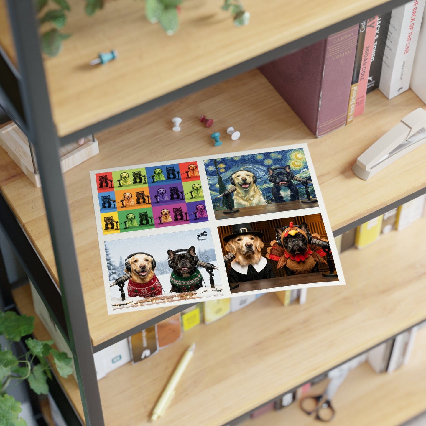 Goldie & Frenchie — Sheet of 4 Popular Stickers with backgrounds, Warhol, Van Gogh, Winter, Thanksgiving