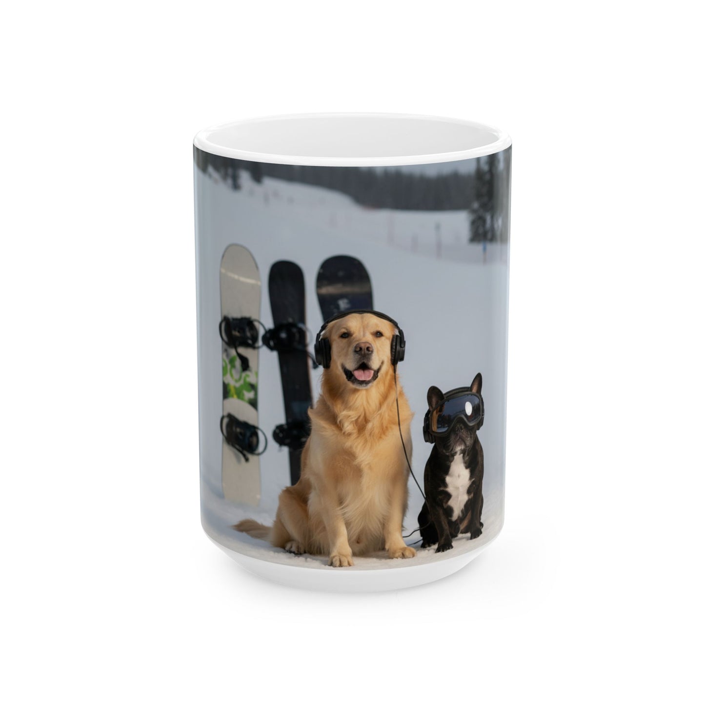 Goldie & Frenchie Hitting the Slopes — Snowboard Day Ski Mug for Dog Lovers (11oz/15oz)