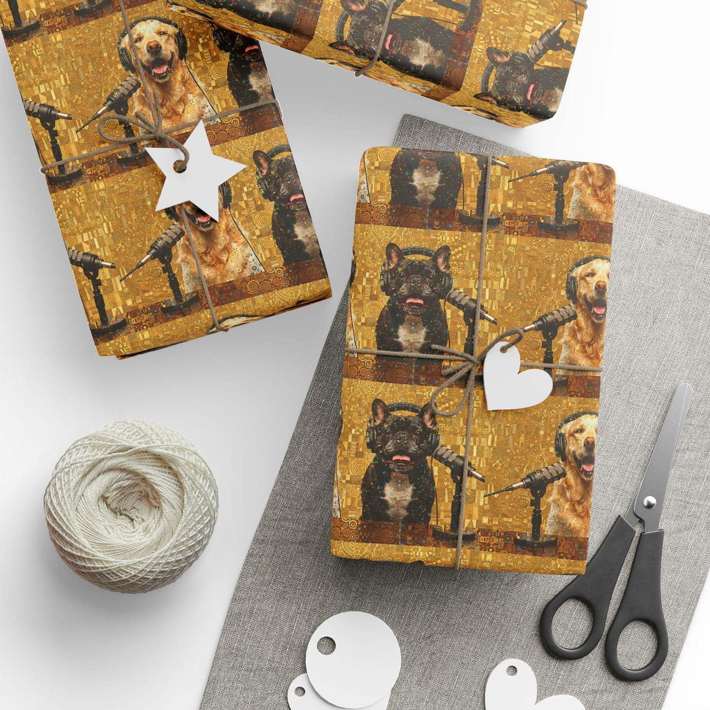 Goldie & Frenchie Klimt Inspired Wrapping Paper Roll — Colorful Gold - Dog Inspired Gift Wrap