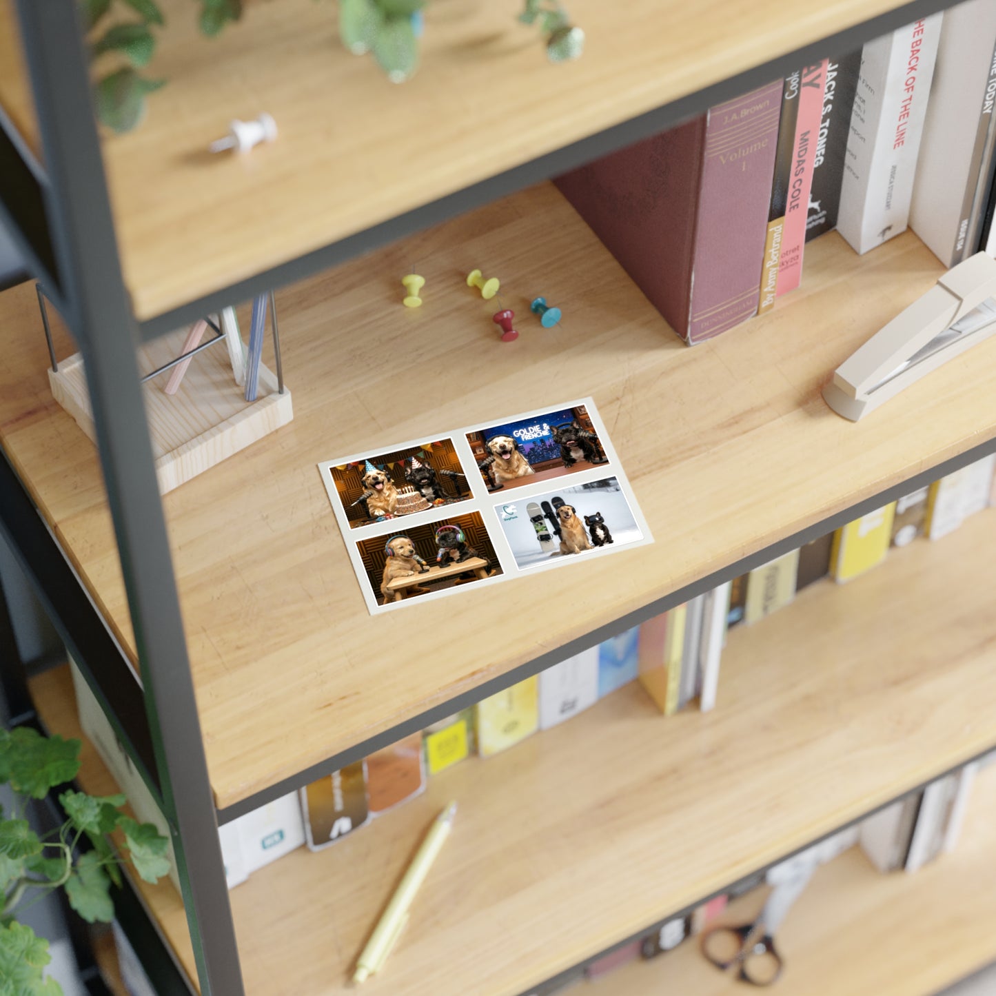 Goldie & Frenchie — Sheet of 4 Popular Stickers with backgrounds, Celebration, Talk Show, Snowboarding, Puppies