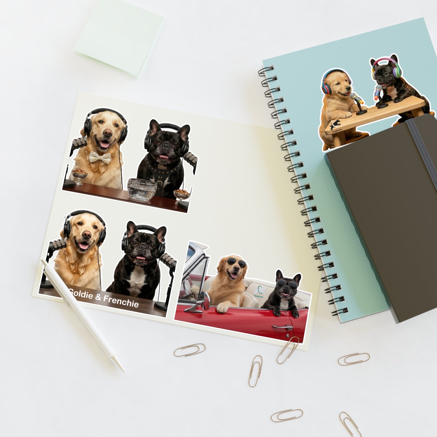 Goldie & Frenchie — Sheet of 4 Popular Stickers , Fancy, Puppies, Classic, Driving