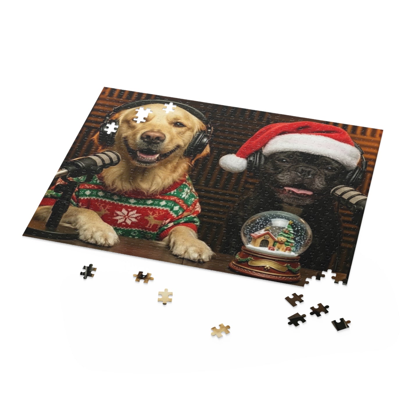 Goldie & Frenchie Dressed up in Christmas Theme Podcast Dogs Jigsaw Puzzle — (120/252/500 pcs)