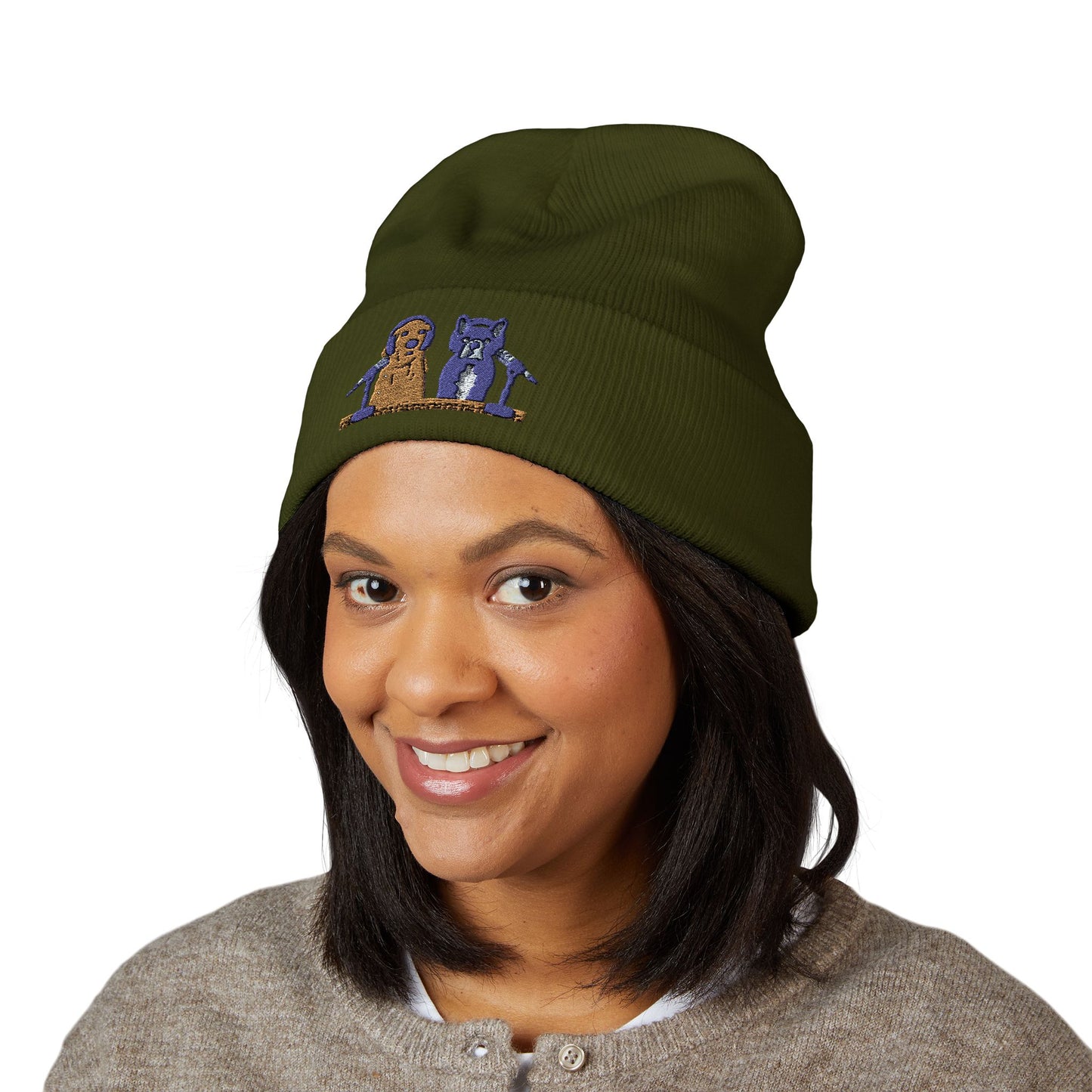 Embroidered Goldie & Frenchie Cuffed Beanie – Cozy Winter Hat with Cute Design